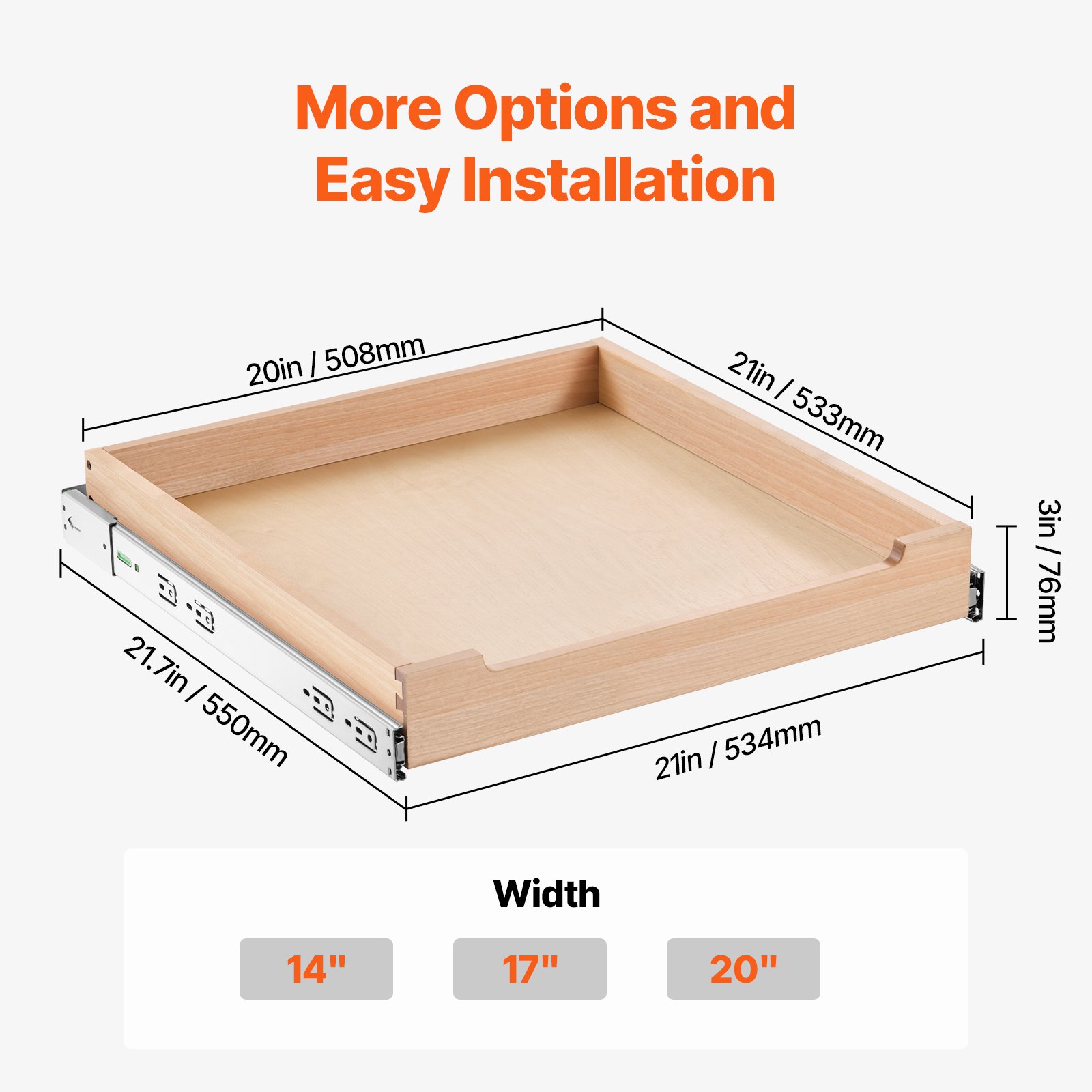 VEVOR Extendable Cabinet Organizer Drawer Shelf (508 x 533 x 76 mm) with Soft-Close Mechanism, Wooden Sliding Drawer, Bottom and Side Mounting, for Kitchen, Pantry, Bathroom