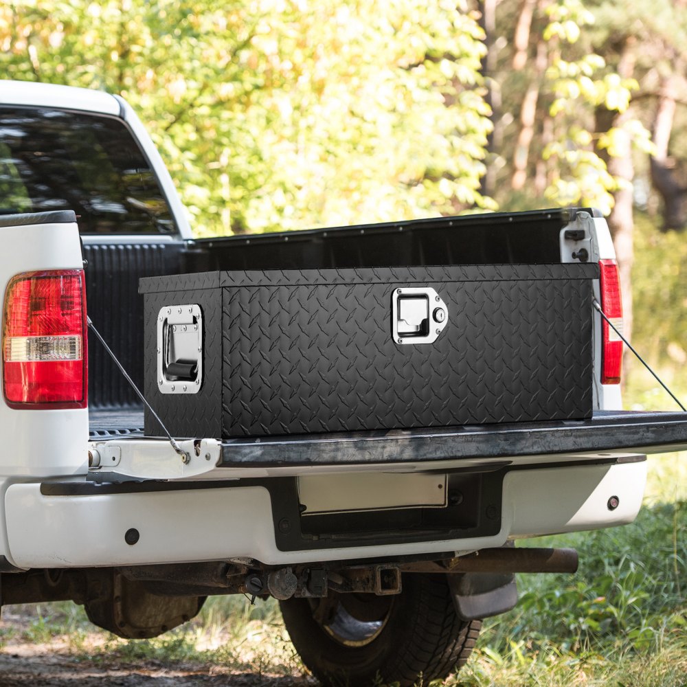 VEVOR Caja de herramientas de aluminio para camión, 76,2 x 33 x 24,4 cm caja volcadora con cerradura con llaves y asas laterales para almacenamiento de contenedores de basura de coche, caravana, Negro