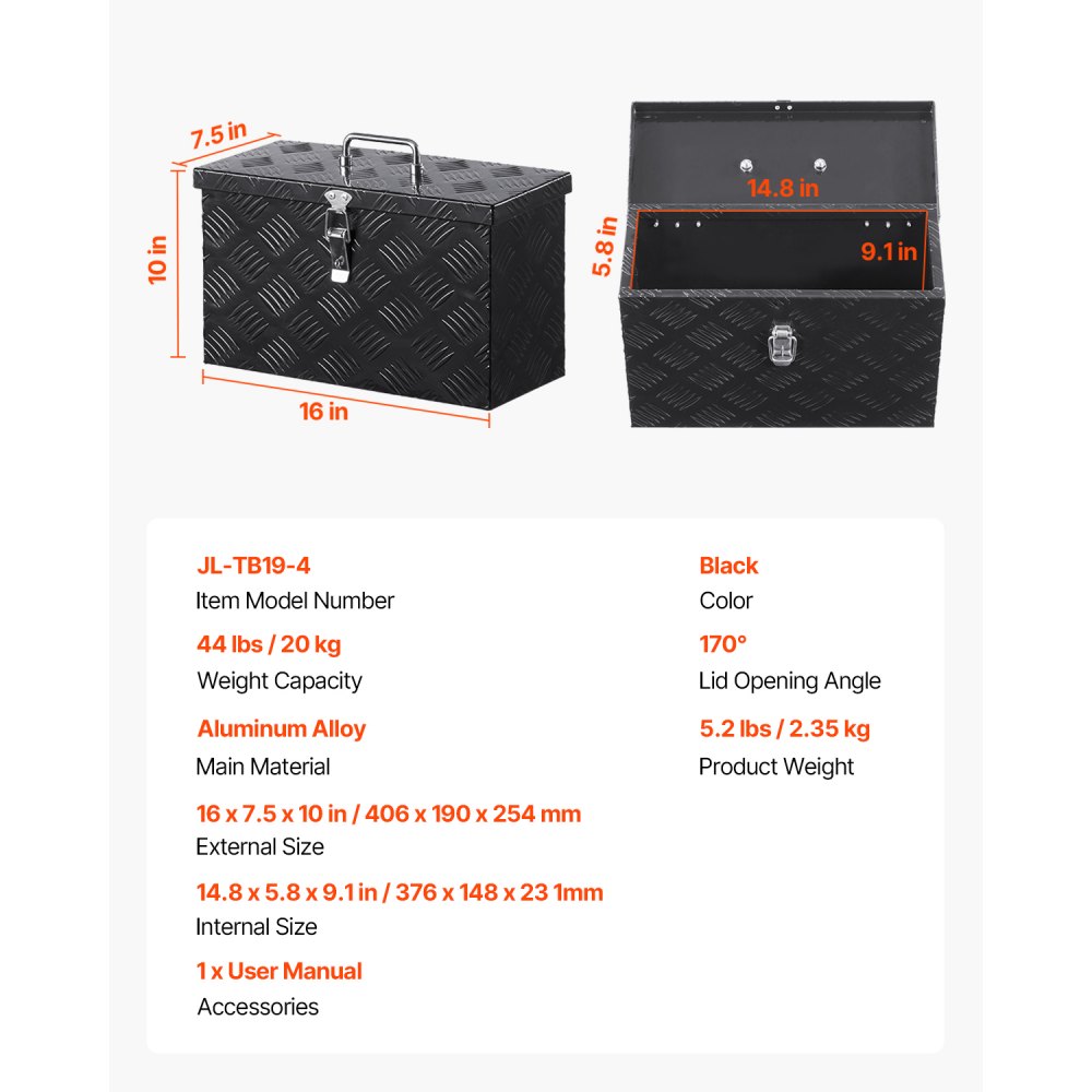 VEVOR Caja de Herramientas de Aluminio Resistente a Caja de Camioneta, con Diseño a Rayas, Asa Lateral y Superior, para Remolque, Camioneta, Autocaravana, 406 x 190 x 254 mm, Negro, Carga 20 kg