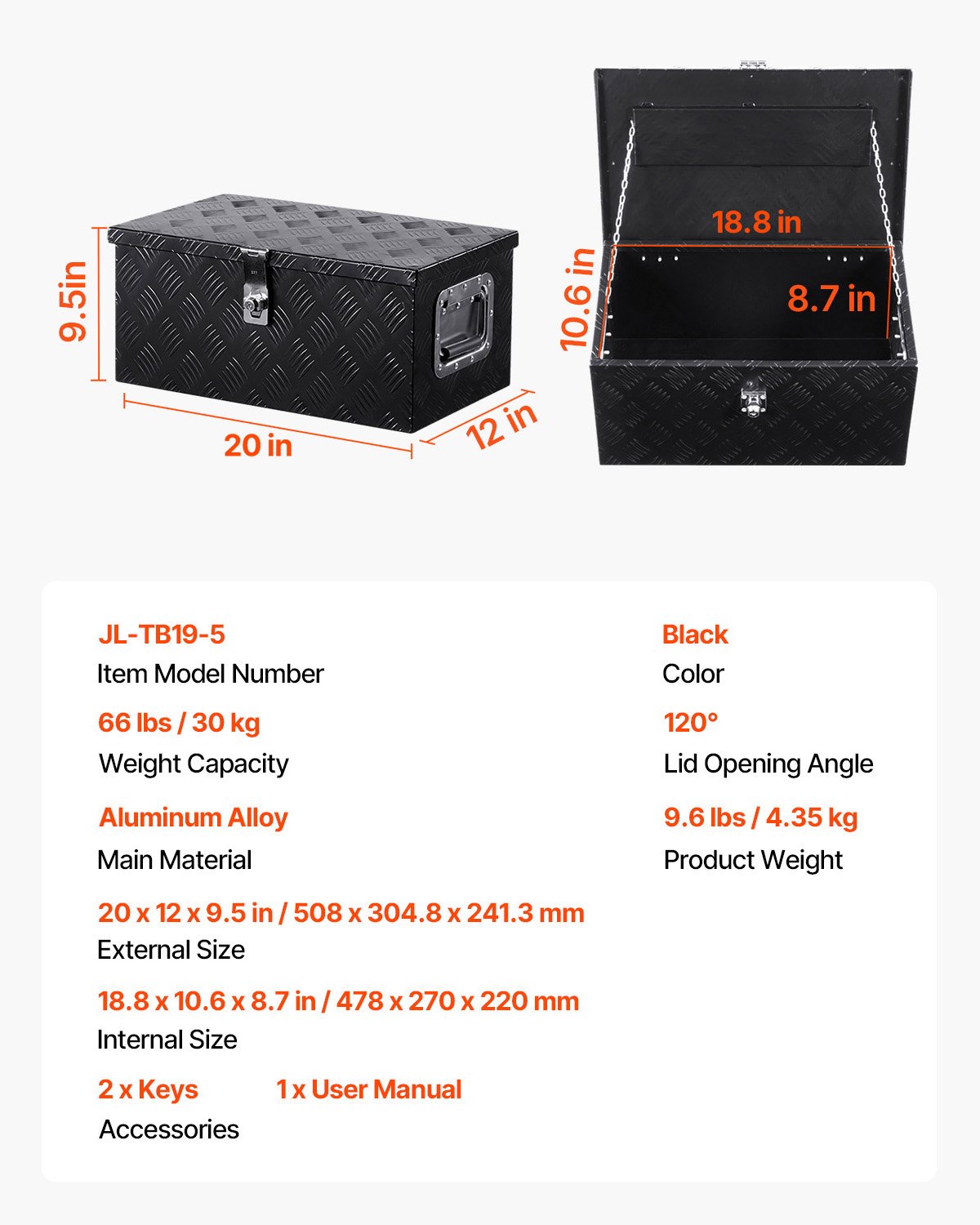 VEVOR Caja de Herramientas de Aluminio Resistente para Caja de Camioneta, con Diseño a Rayas, Asa Lateral y Llaves Seguridad, a Remolque, Camioneta, Autocaravana, 508 x 304,8 x 241,3 mm, Negro