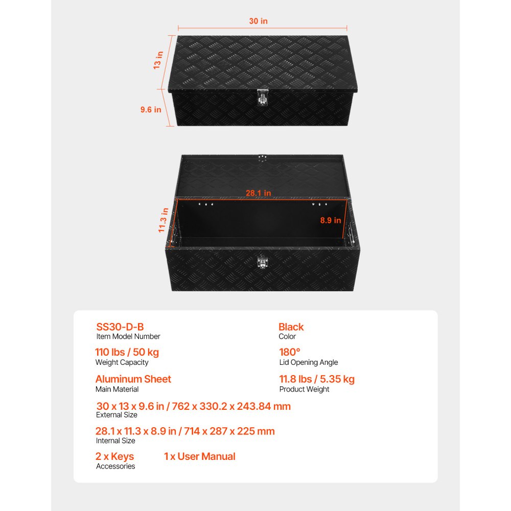 VEVOR Caja de Herramientas de Aluminio Resistente para Caja de Camioneta, con Diseño a Rayas, Asa Lateral y Llaves Seguridad, a Remolque, Camioneta, Autocaravana, 762 x 330,2 x 243,84 mm, Negro