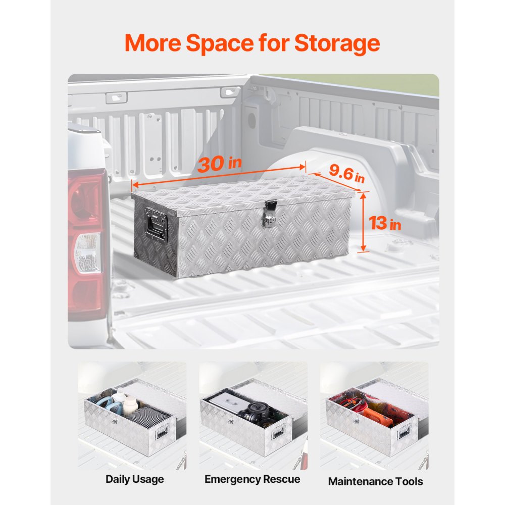 VEVOR Caja de Herramientas de Aluminio Resistente para Caja de Camioneta, con Diseño de Rayas, Asa Lateral y Llaves Seguridad, para Remolque, Camión, Autocaravana, 762 x 330,2 x 243,84 mm, Plata