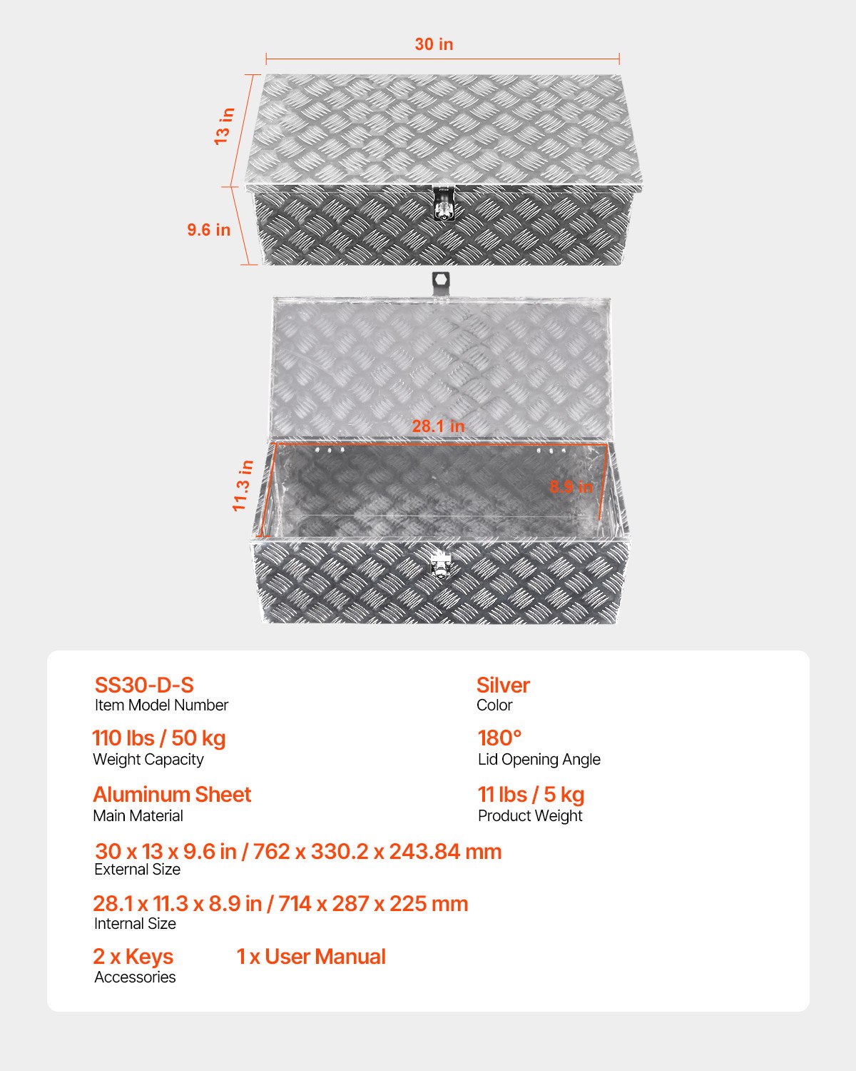 VEVOR Caja de Herramientas de Aluminio Resistente para Caja de Camioneta, con Diseño de Rayas, Asa Lateral y Llaves Seguridad, para Remolque, Camión, Autocaravana, 762 x 330,2 x 243,84 mm, Plata