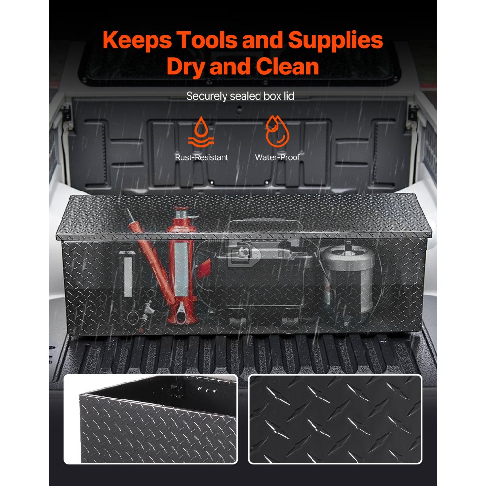 VEVOR Caja de Herramientas Aluminio Resistente para Caja de Camioneta, con Placa de Diamante, Asa Lateral y Llaves de Seguridad, para Remolque, Camión, Autocaravana, 1244,6 x 381 x 381 mm, Negro
