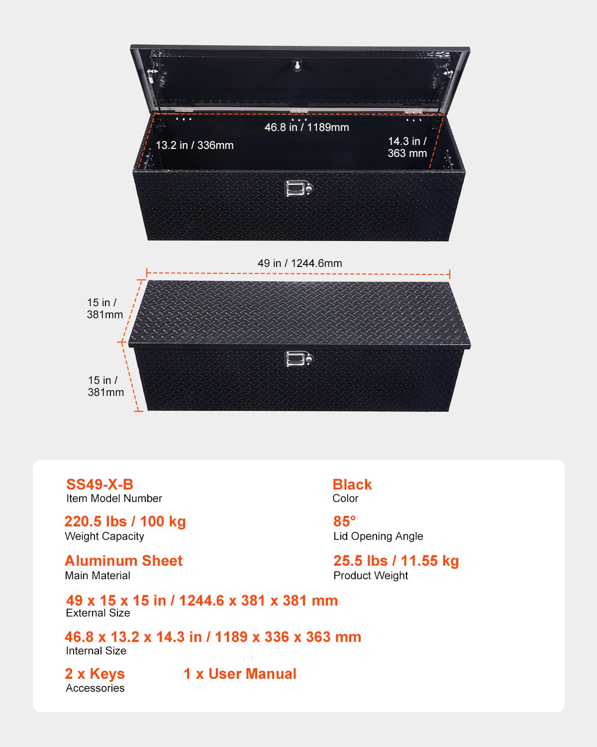 VEVOR Caja de Herramientas Aluminio Resistente para Caja de Camioneta, con Placa de Diamante, Asa Lateral y Llaves de Seguridad, para Remolque, Camión, Autocaravana, 1244,6 x 381 x 381 mm, Negro