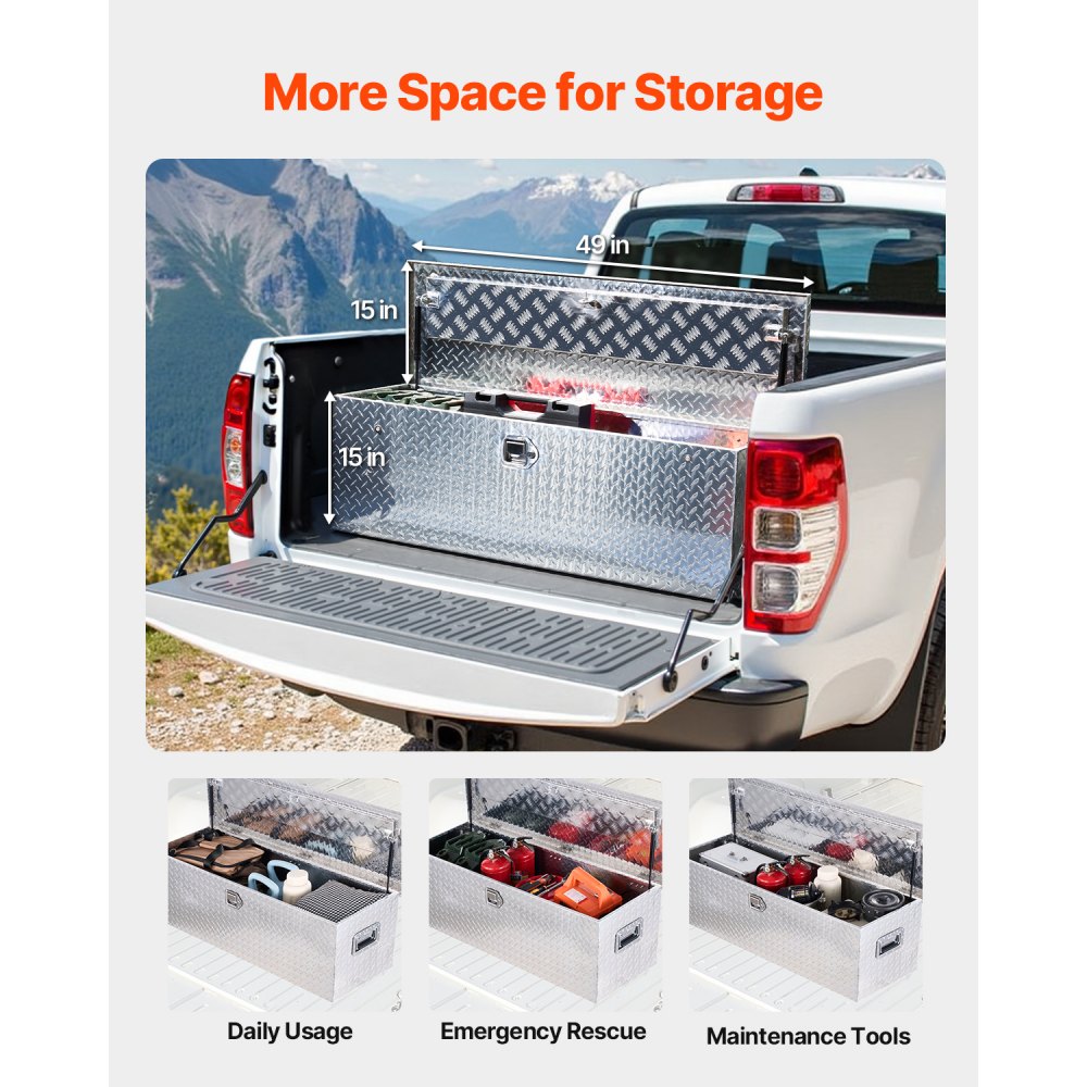 VEVOR Caja de herramientas de aluminio resistente para caja camioneta, con placa de diamante, asa lateral y llaves seguridad, para remolque, camioneta, autocaravana, 1244,6 x 381 x 381 mm, Plata