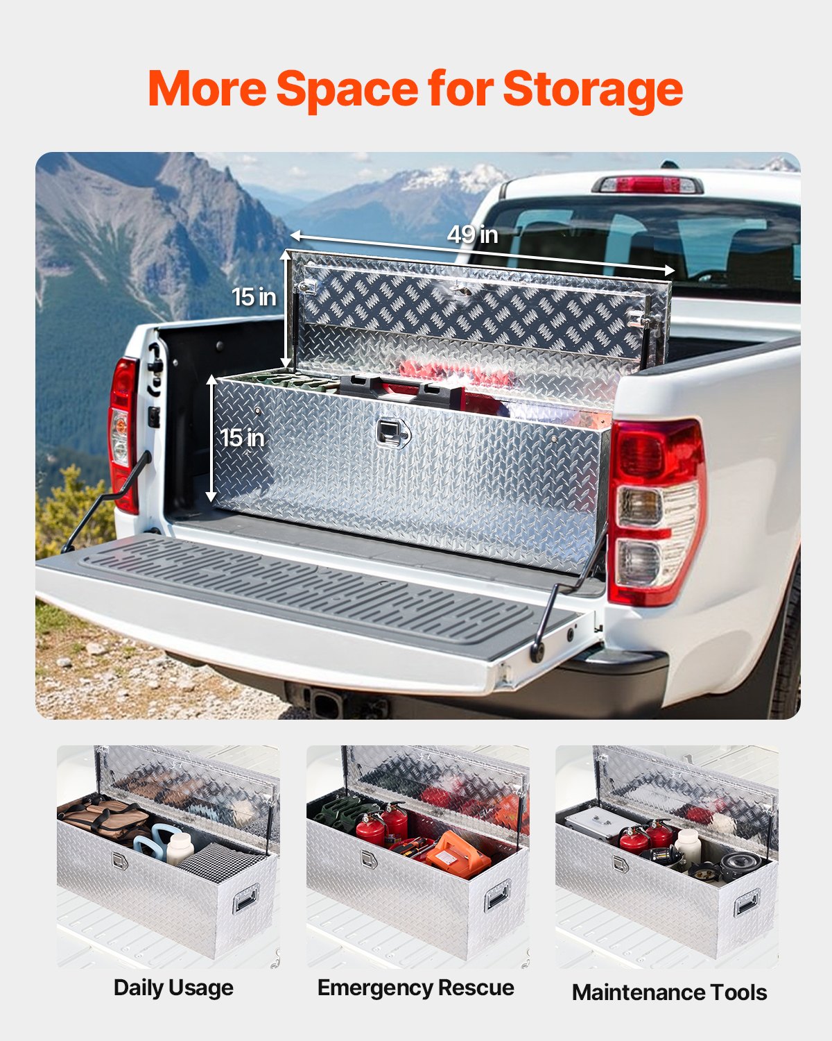 VEVOR Caja de herramientas de aluminio resistente para caja camioneta, con placa de diamante, asa lateral y llaves seguridad, para remolque, camioneta, autocaravana, 1244,6 x 381 x 381 mm, Plata