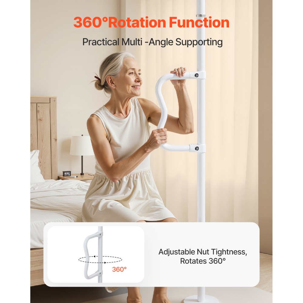 VEVOR Safety Bar from floor to ceiling, bathroom grab bar with non-slip curved handle, 136 kg load capacity, for elderly people, for ceiling heights from 214 to 305 cm, white