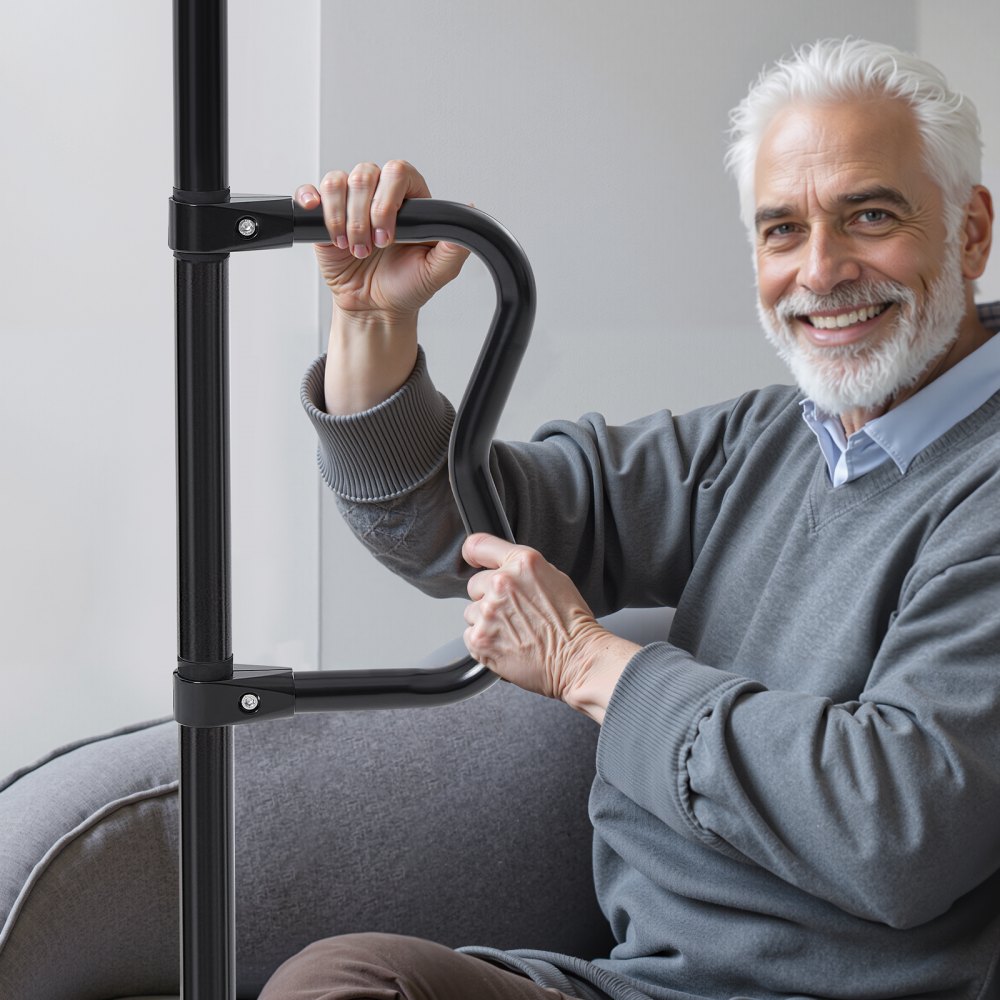 VEVOR Safety Bar from Floor to Ceiling, Bathroom Grab Bar with Non-Slip Curved Handle, 136 kg Load Capacity, for Elderly People, for Ceiling Heights from 214 to 305 cm, Black