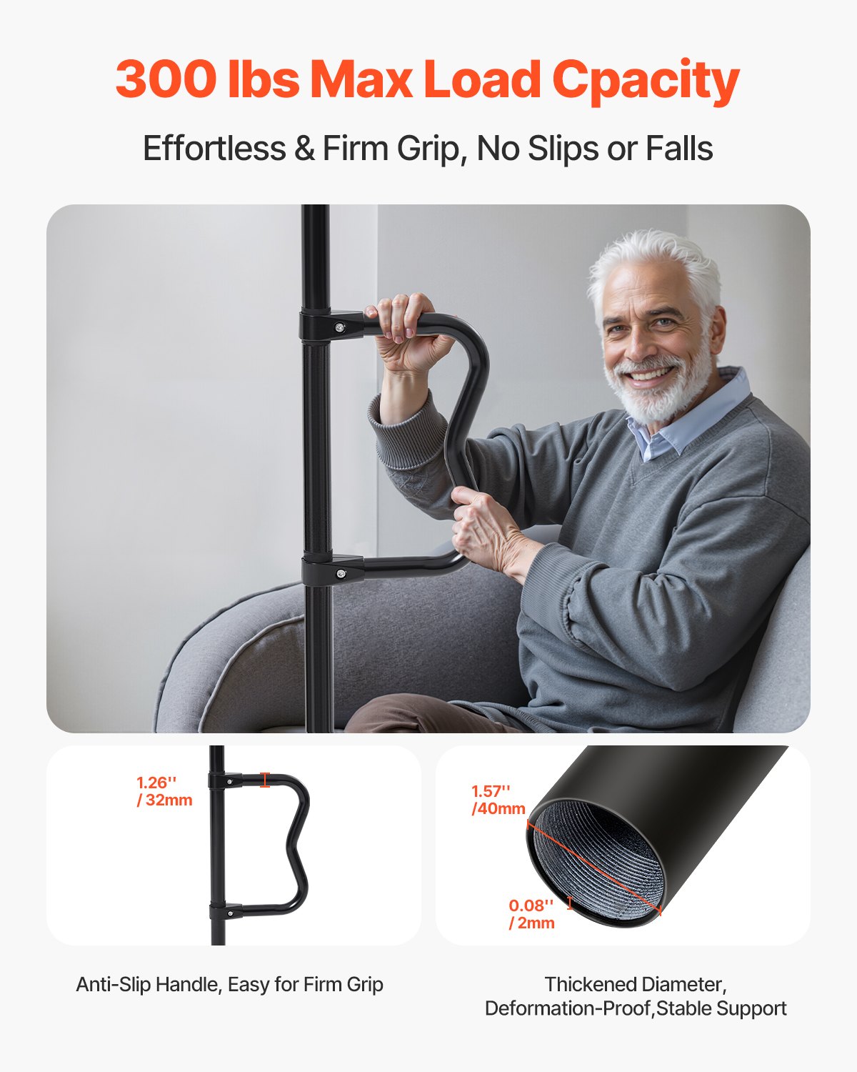 VEVOR Safety Bar from Floor to Ceiling, Bathroom Grab Bar with Non-Slip Curved Handle, 136 kg Load Capacity, for Elderly People, for Ceiling Heights from 214 to 305 cm, Black