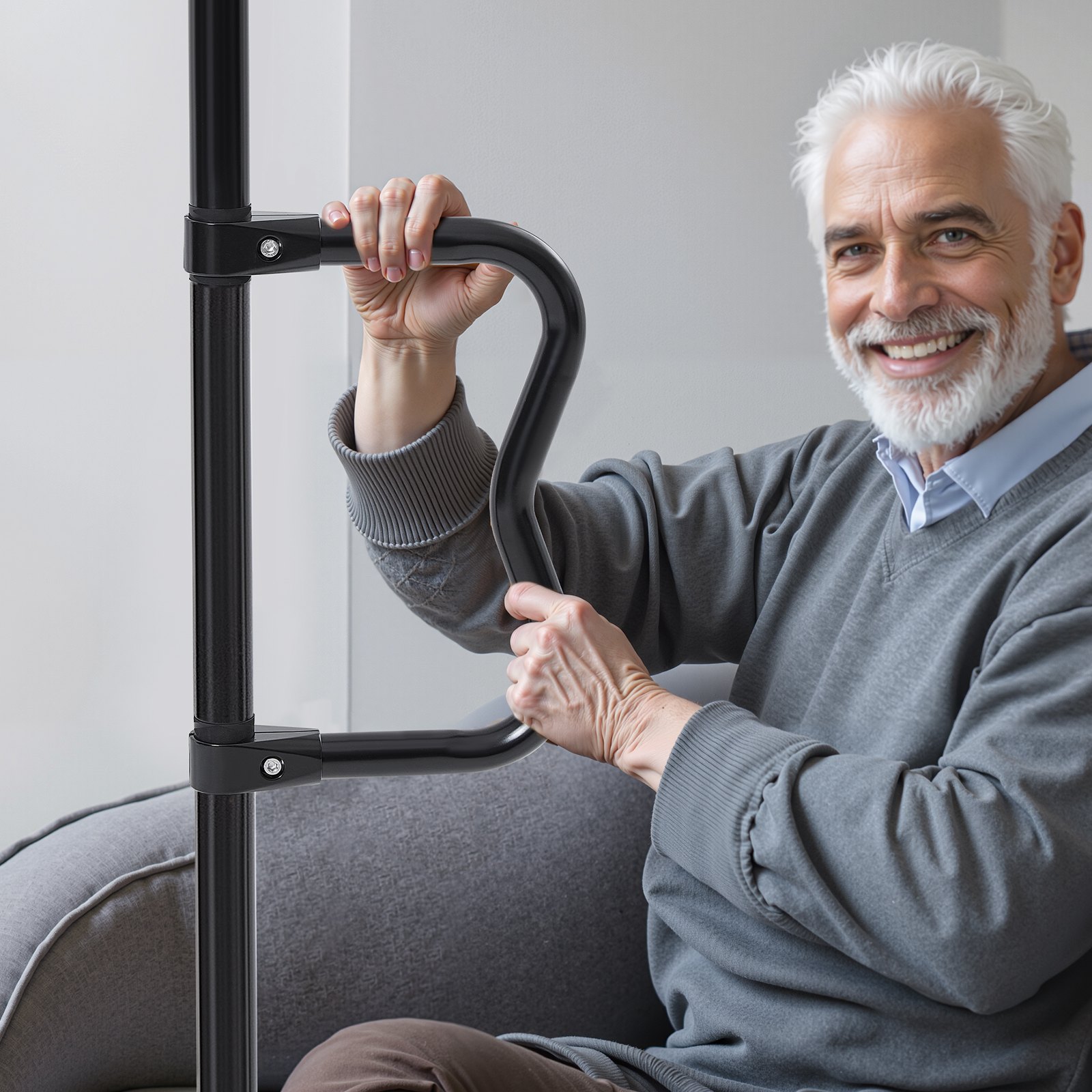 VEVOR Safety Bar from Floor to Ceiling, Bathroom Grab Bar with Non-Slip Curved Handle, 136 kg Load Capacity, for Elderly People, for Ceiling Heights from 214 to 305 cm, Black