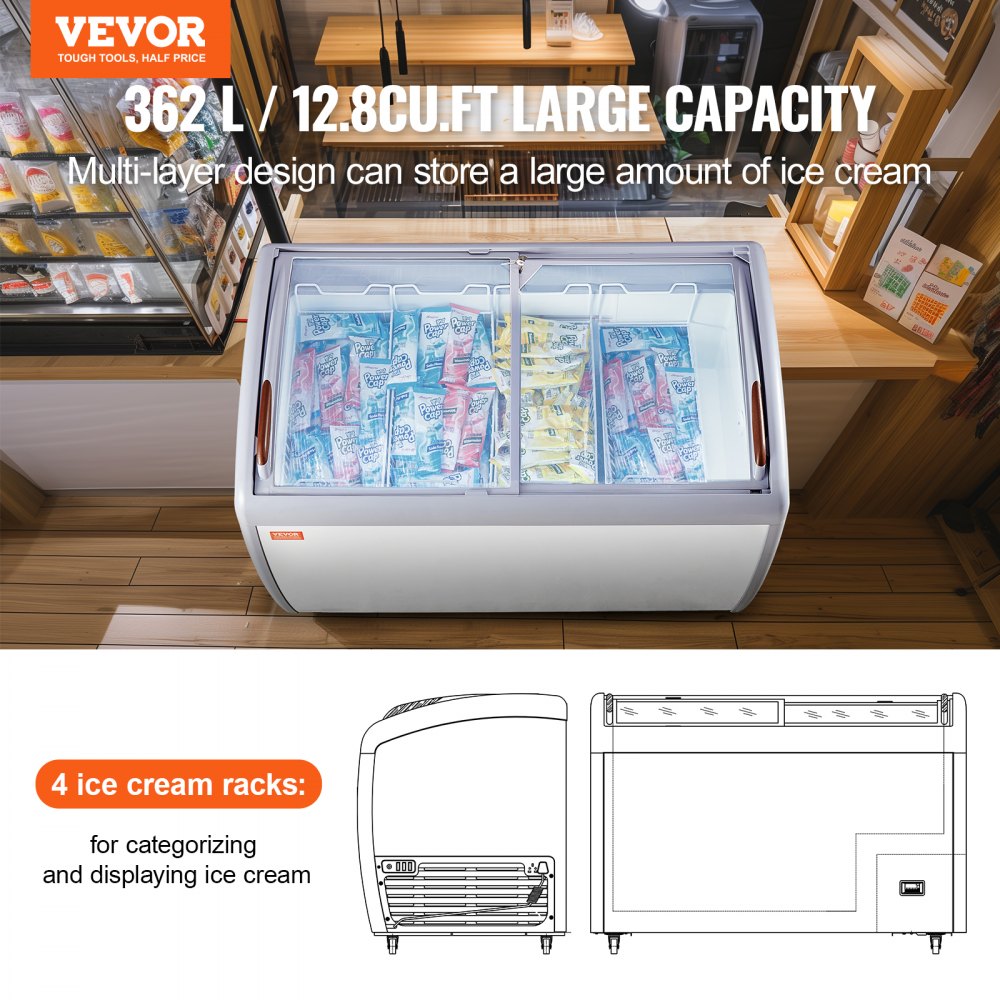 VEVOR Commercial Ice Cream Display Case, 362 L Chest Freezer, Mobile Freezer with Glass Shelf, Restaurant Gelato Immersion Cabinet with 4 Wire Baskets, 2 Sliding Glass Doors, Locking Casters, White