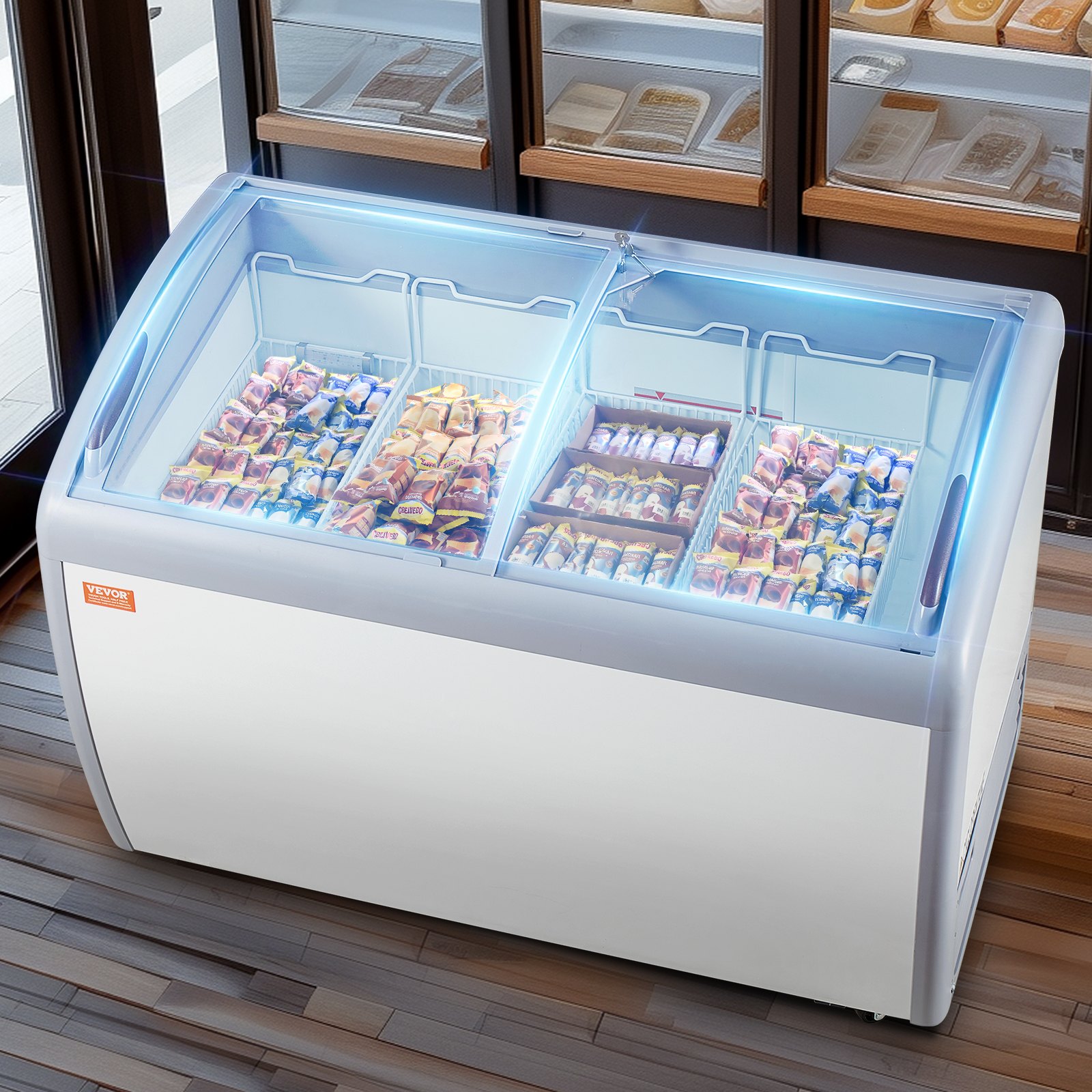 VEVOR Commercial Ice Cream Display Case, 362 L Chest Freezer, Mobile Freezer with Glass Shelf, Restaurant Gelato Immersion Cabinet with 4 Wire Baskets, 2 Sliding Glass Doors, Locking Casters, White