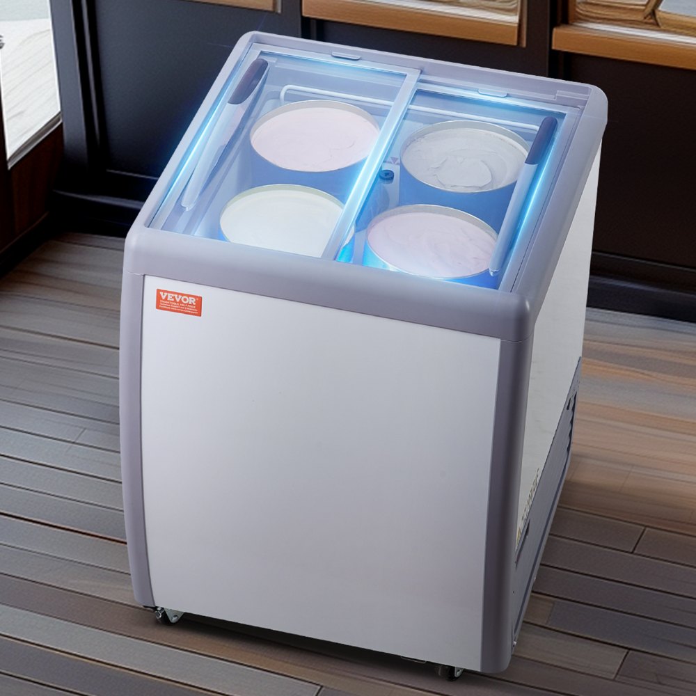 VEVOR Vitrina Comercial para Helado, Congelador Horizontal de 158 L, Congelador Móvil con Tapa de Vidrio, Gabinete para Inmersión de Helado de Restaurante con 4 Tinas Grandes, 2 Puertas Corredizas de Vidrio, Ruedas con Bloqueo, Blanco