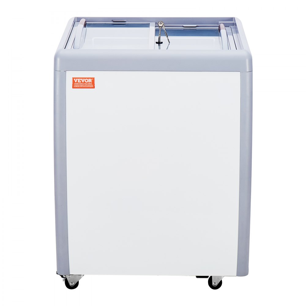 VEVOR Vitrina Comercial para Helado, Congelador Horizontal de 158 L, Congelador Móvil con Tapa de Vidrio, Gabinete para Inmersión de Helado de Restaurante con 4 Tinas Grandes, 2 Puertas Corredizas de Vidrio, Ruedas con Bloqueo, Blanco