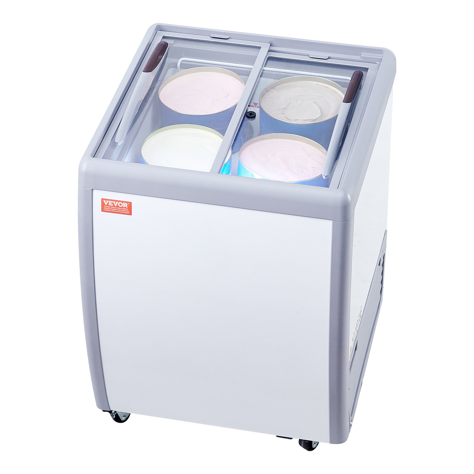 VEVOR Commercial Ice Cream Display Case, 158L Chest Freezer, Mobile Freezer with Glass Top, Restaurant Gelato Immersion Cabinet, 2 Sliding Glass Doors, Lockable Casters, White