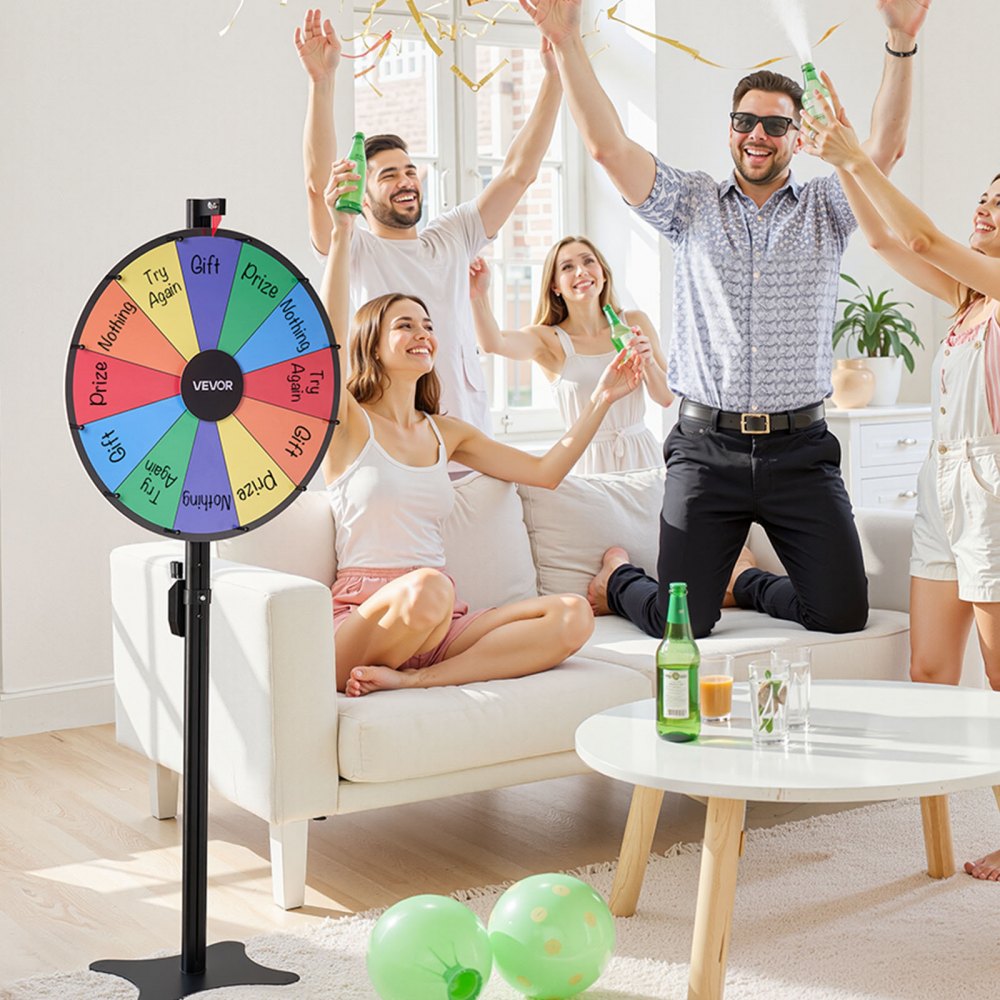 VEVOR Rueda de la Fortuna 61 cm, Ruleta de la Suerte de 6 Colores 12 Ranuras, Soporte de Altura Ajustable, con 2 Rotuladores y Borrador de Pizarra, Rueda de Premio para Juegos Lotería Fiesta Carnaval