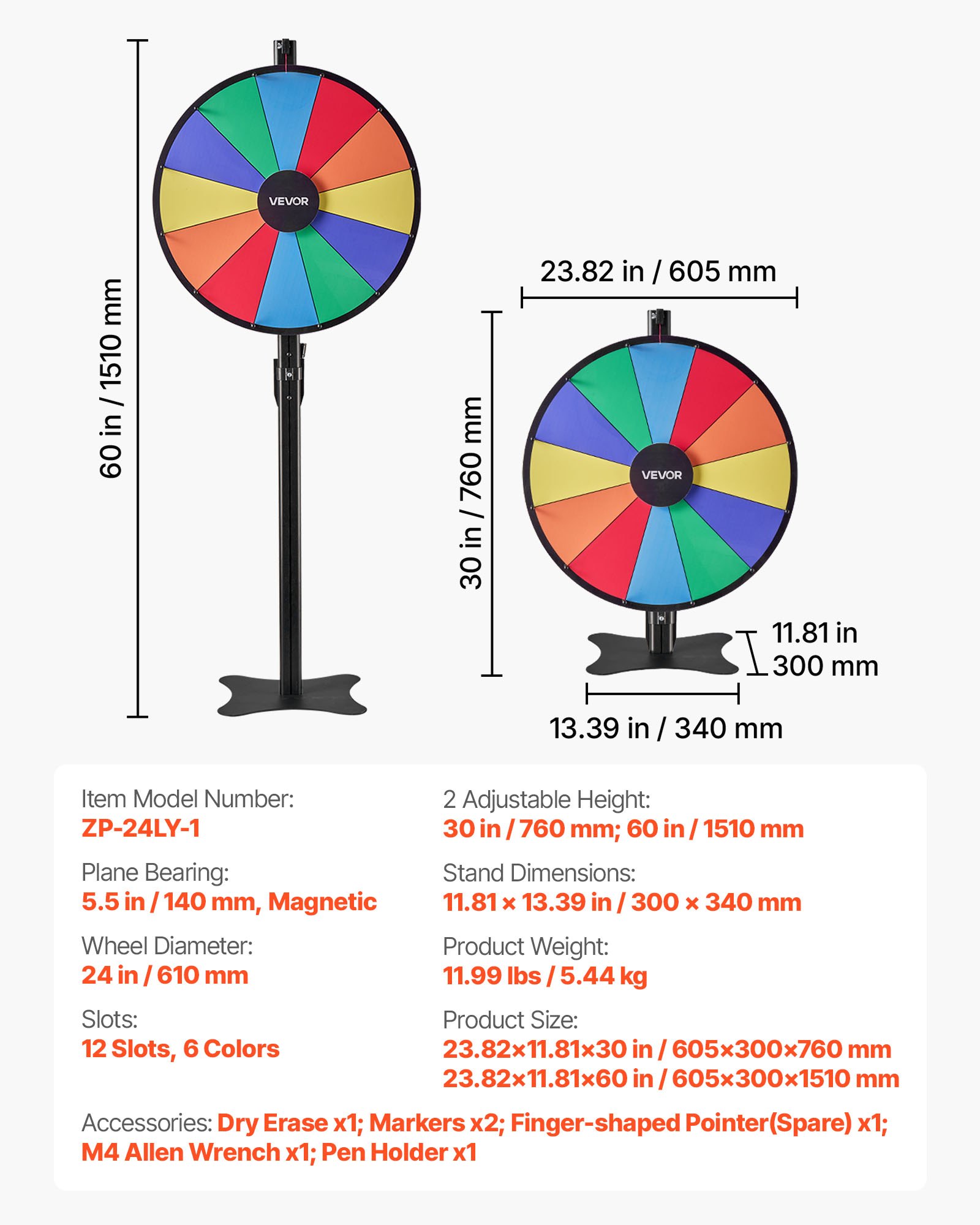 VEVOR Rueda de la Fortuna 61 cm, Ruleta de la Suerte de 6 Colores 12 Ranuras, Soporte de Altura Ajustable, con 2 Rotuladores y Borrador de Pizarra, Rueda de Premio para Juegos Lotería Fiesta Carnaval