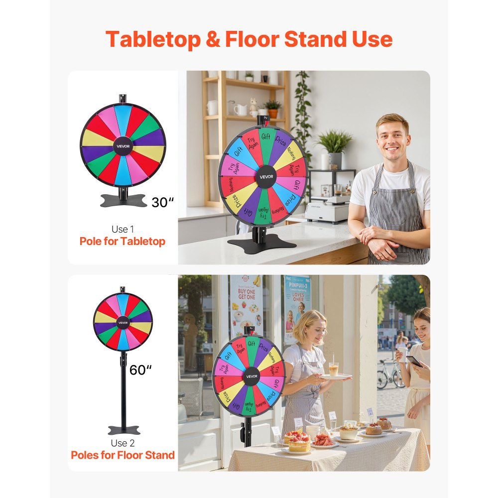 VEVOR Rueda de la Fortuna, 14 Ranuras, con Soporte, Altura Ajustable, Juegos de Lotería Ruleta Ganadora con Borrador de Pizarra, 2 Marcadores, 6 Colores, para Fiestas, Ferias, 605 x 300 x 1510 mm
