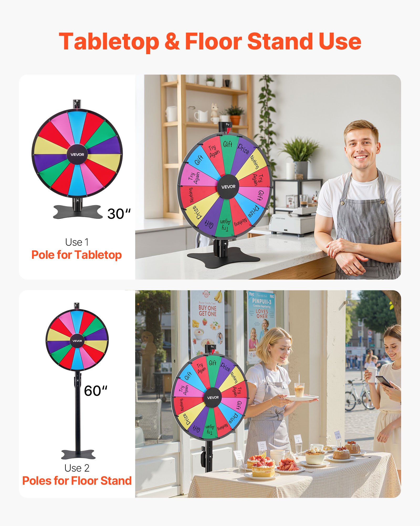 VEVOR Rueda de la Fortuna, 14 Ranuras, con Soporte, Altura Ajustable, Juegos de Lotería Ruleta Ganadora con Borrador de Pizarra, 2 Marcadores, 6 Colores, para Fiestas, Ferias, 605 x 300 x 1510 mm