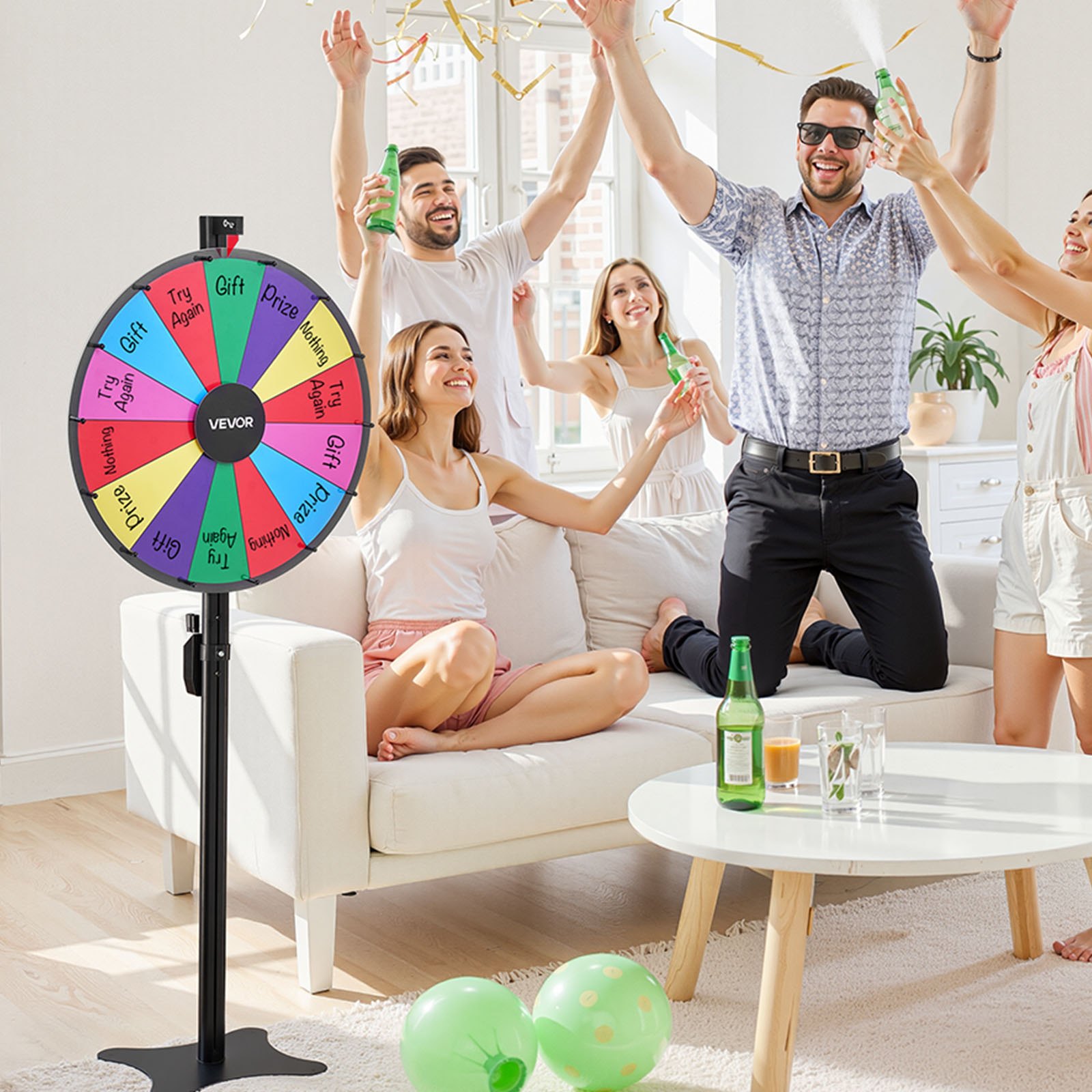 VEVOR Rueda de la Fortuna, 14 Ranuras, con Soporte, Altura Ajustable, Juegos de Lotería Ruleta Ganadora con Borrador de Pizarra, 2 Marcadores, 6 Colores, para Fiestas, Ferias, 605 x 300 x 1510 mm