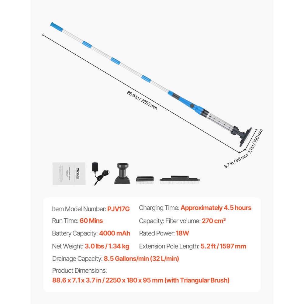 VEVOR Aspiradora de Piscina Recargable, Aspiradora de Mano Inalámbrica de 8,5 GPM para Jacuzzi con Poste de Extensión, para Limpieza Profunda y Succión Potente, para Piscinas Elevadas o Enterradas