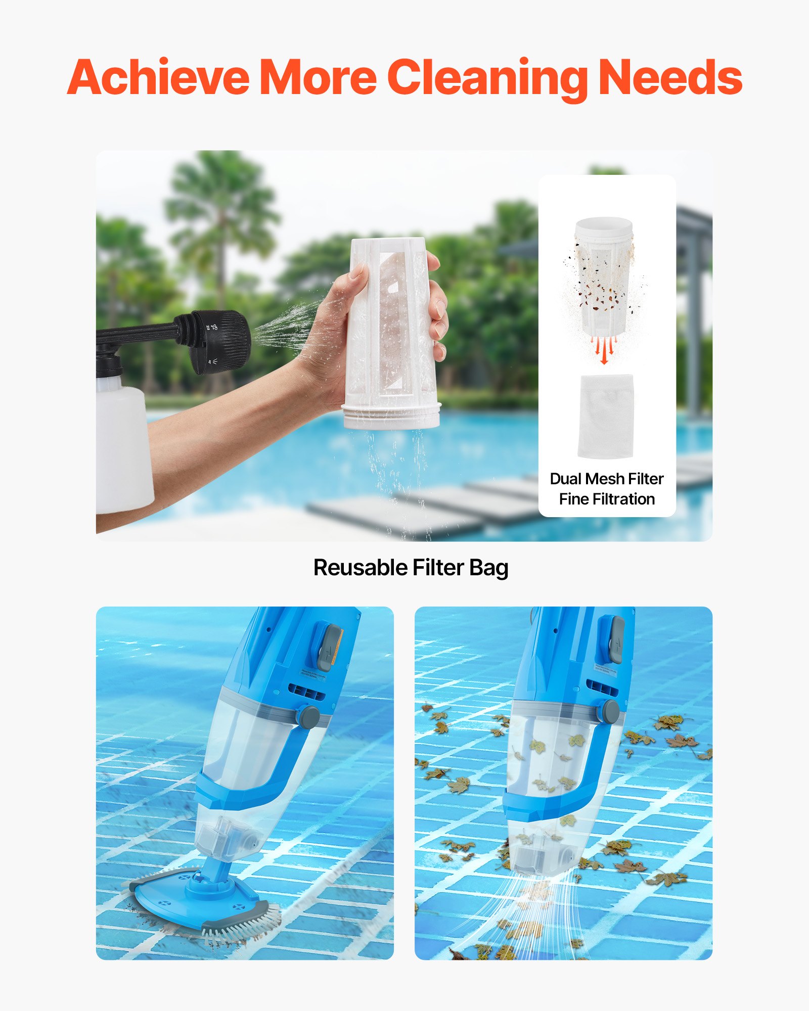 VEVOR Aspiradora de Piscina Recargable, Aspiradora de Mano Inalámbrica de 26 GPM para Jacuzzi con Poste de Extensión, para Limpieza Profunda y Succión Potente, para Piscinas Elevadas o Enterradas