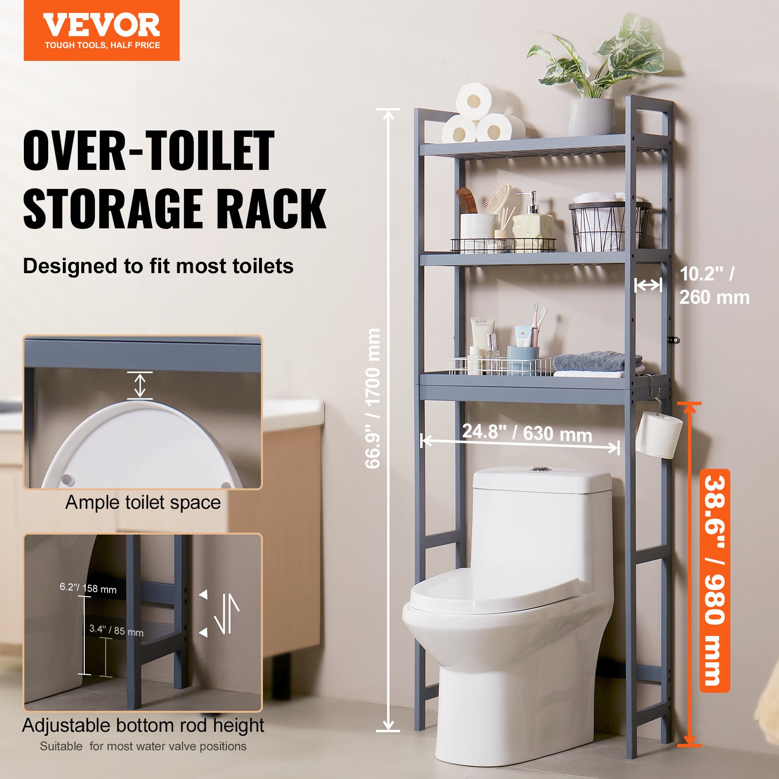 VEVOR Over-the-Toilet Storage, 3-Tier Adjustable Bathroom Organizer, Bamboo Storage Shelf with 3 Hooks, Freestanding, Easy to Assemble, Space Saving