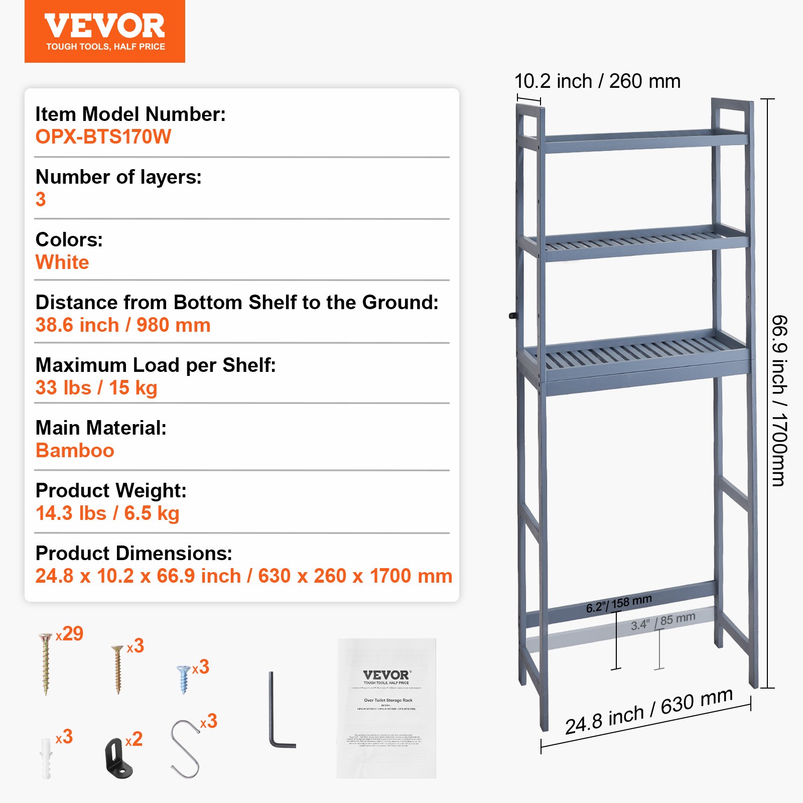 VEVOR Over-the-Toilet Storage, 3-Tier Adjustable Bathroom Organizer, Bamboo Storage Shelf with 3 Hooks, Freestanding, Easy to Assemble, Space Saving