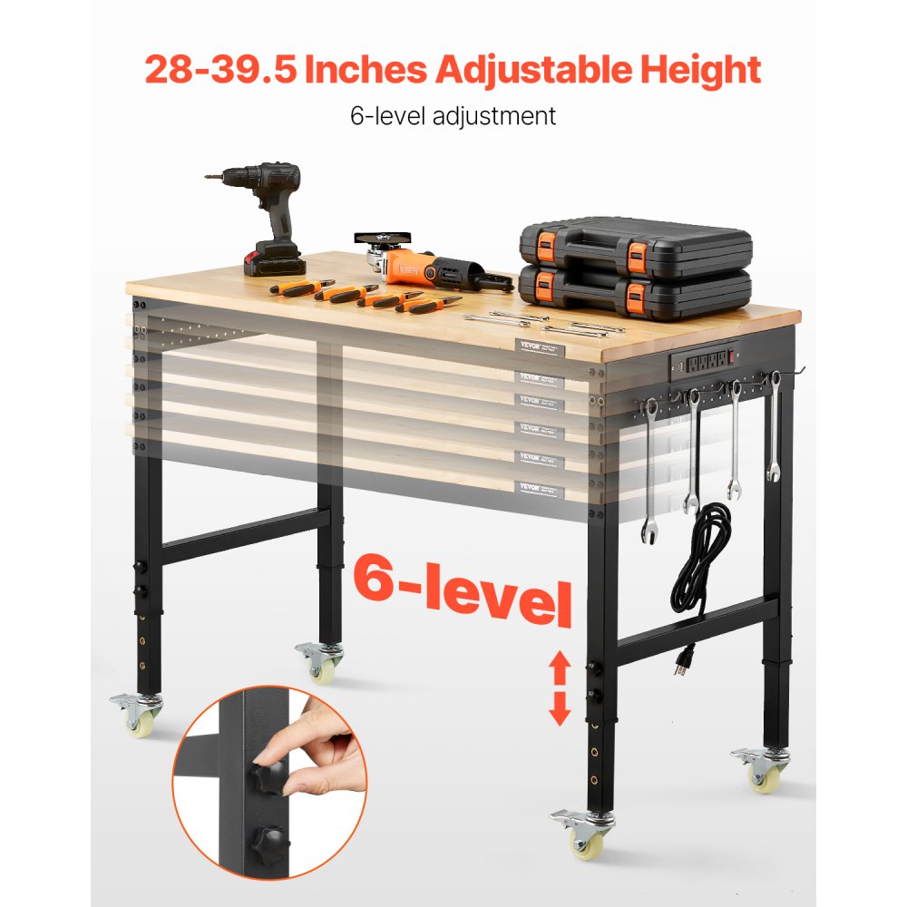 VEVOR 1219 mm Adjustable Workbench, 907 kg Load, Work Bench with Power Outlet, Wheels, and Pegboard, Heavy Duty Oak Wood Top Work Table for Garage, Workshop, Office, and Home