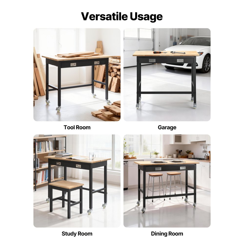 VEVOR Banco de Trabajo 122 x 60 x 94 cm, Mesa de Taller Capacidad de 680 kg, con Cajón de 3 Compartimentos, Mesa de Madera Marco de Metal Negro con Ruedas para Oficina, Garaje, Taller, Hogar