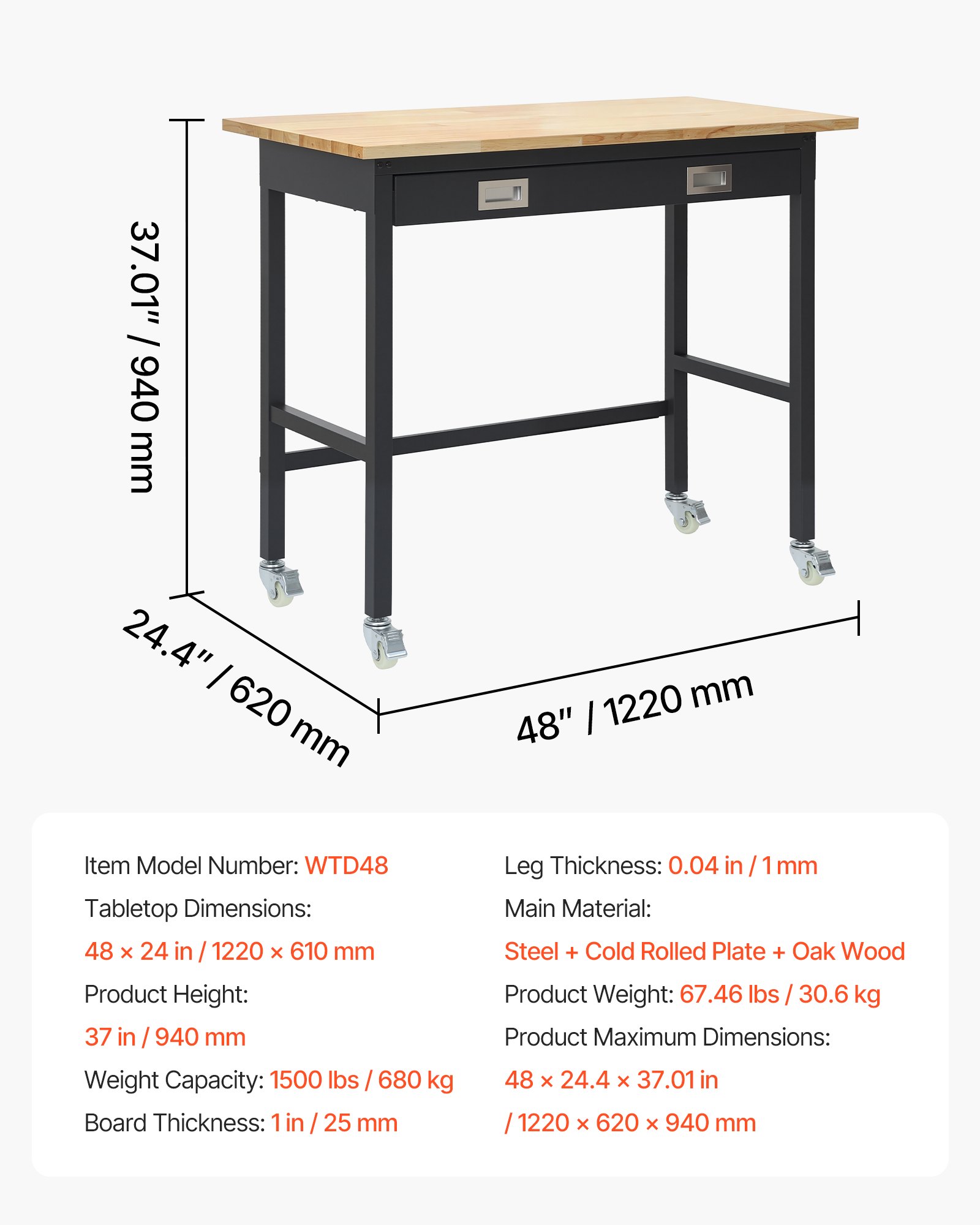 VEVOR Banco de Trabajo 122 x 60 x 94 cm, Mesa de Taller Capacidad de 680 kg, con Cajón de 3 Compartimentos, Mesa de Madera Marco de Metal Negro con Ruedas para Oficina, Garaje, Taller, Hogar