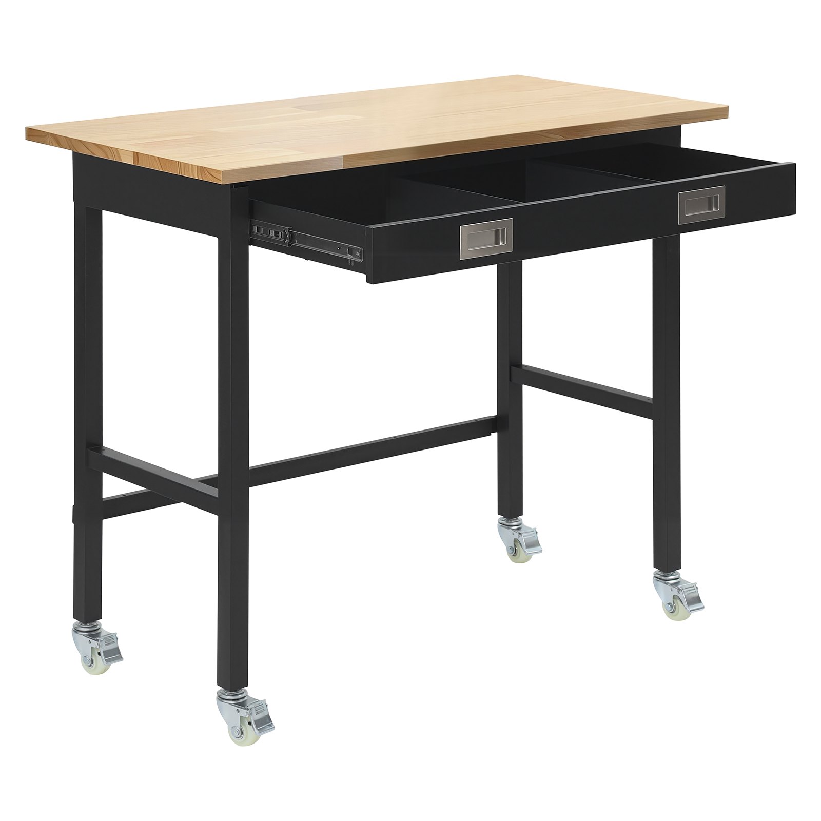 VEVOR Banco de Trabajo 122 x 60 x 94 cm, Mesa de Taller Capacidad de 680 kg, con Cajón de 3 Compartimentos, Mesa de Madera Marco de Metal Negro con Ruedas para Oficina, Garaje, Taller, Hogar