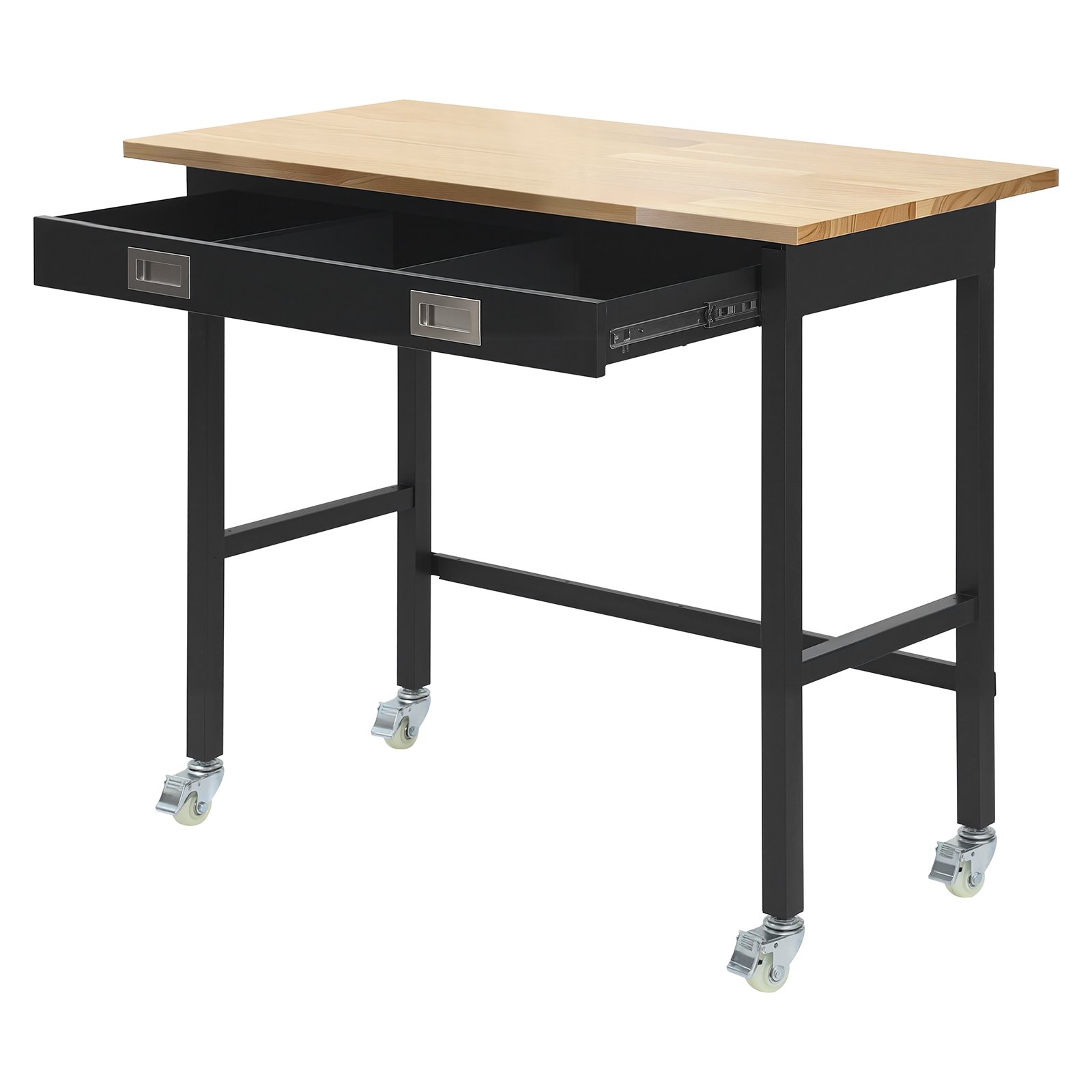 VEVOR Banco de Trabajo 122 x 60 x 94 cm, Mesa de Taller Capacidad de 680 kg, con Cajón de 3 Compartimentos, Mesa de Madera Marco de Metal Negro con Ruedas para Oficina, Garaje, Taller, Hogar