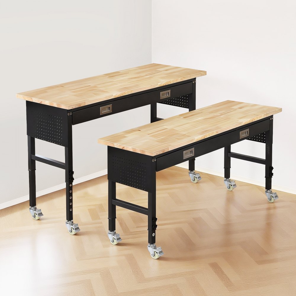 VEVOR Banco de Trabajo con Cajón 152,4 x 61 cm, Mesa de Taller Altura Ajustable de 6 Niveles de 76-101 cm, Carga de 680 kg, Mesa de Madera Marco de Metal con Ruedas para Oficina, Garaje, Taller