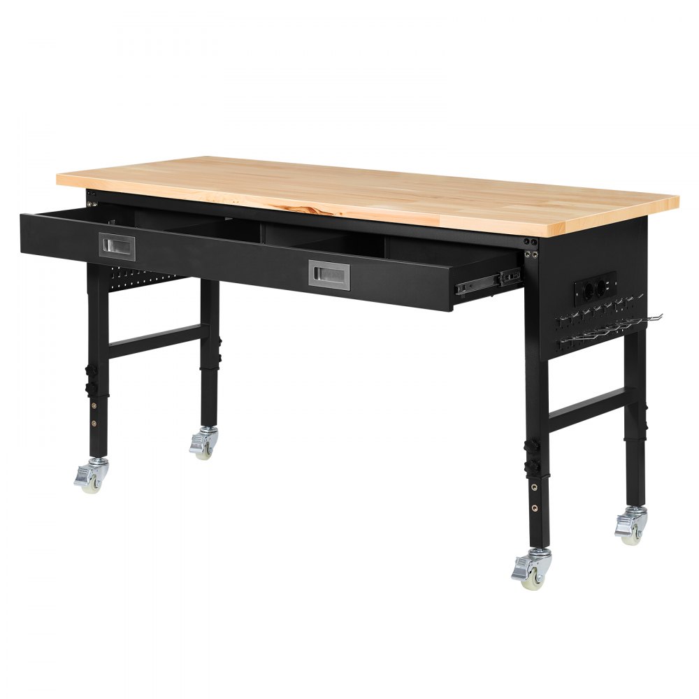 VEVOR Banco de Trabajo con Cajón 152,4 x 61 cm, Mesa de Taller Altura Ajustable de 6 Niveles de 76-101 cm, Carga de 680 kg, Mesa de Madera Marco de Metal con Ruedas para Oficina, Garaje, Taller