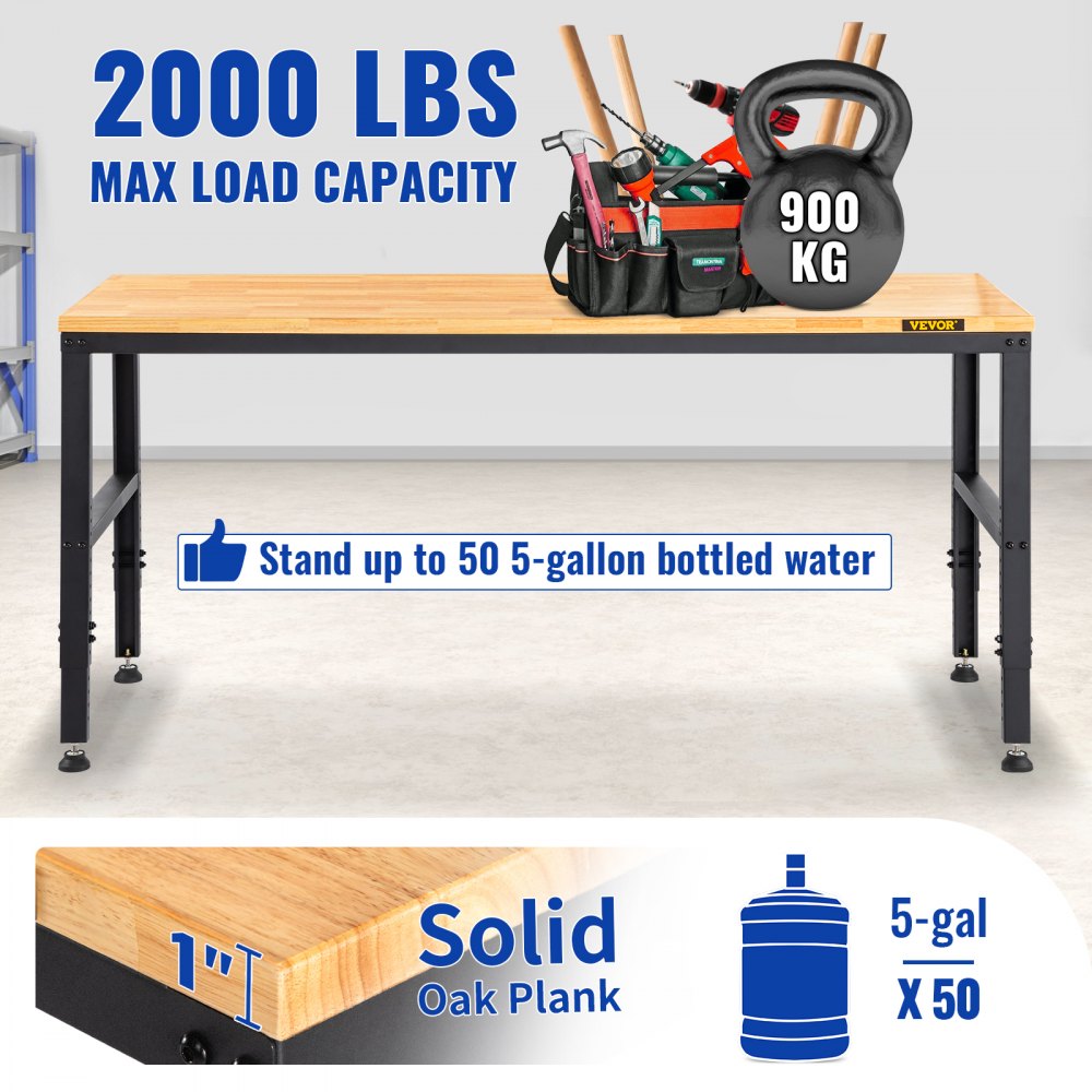 VEVOR Banco de Trabajo 1220x508 mm Mesa de Taller Altura Ajustable 719-968 mm Carga de 900kg con Toma de Corriente Mesa de Madera Marco de Metal Almohadillas para los Pies para Oficina, Garaje