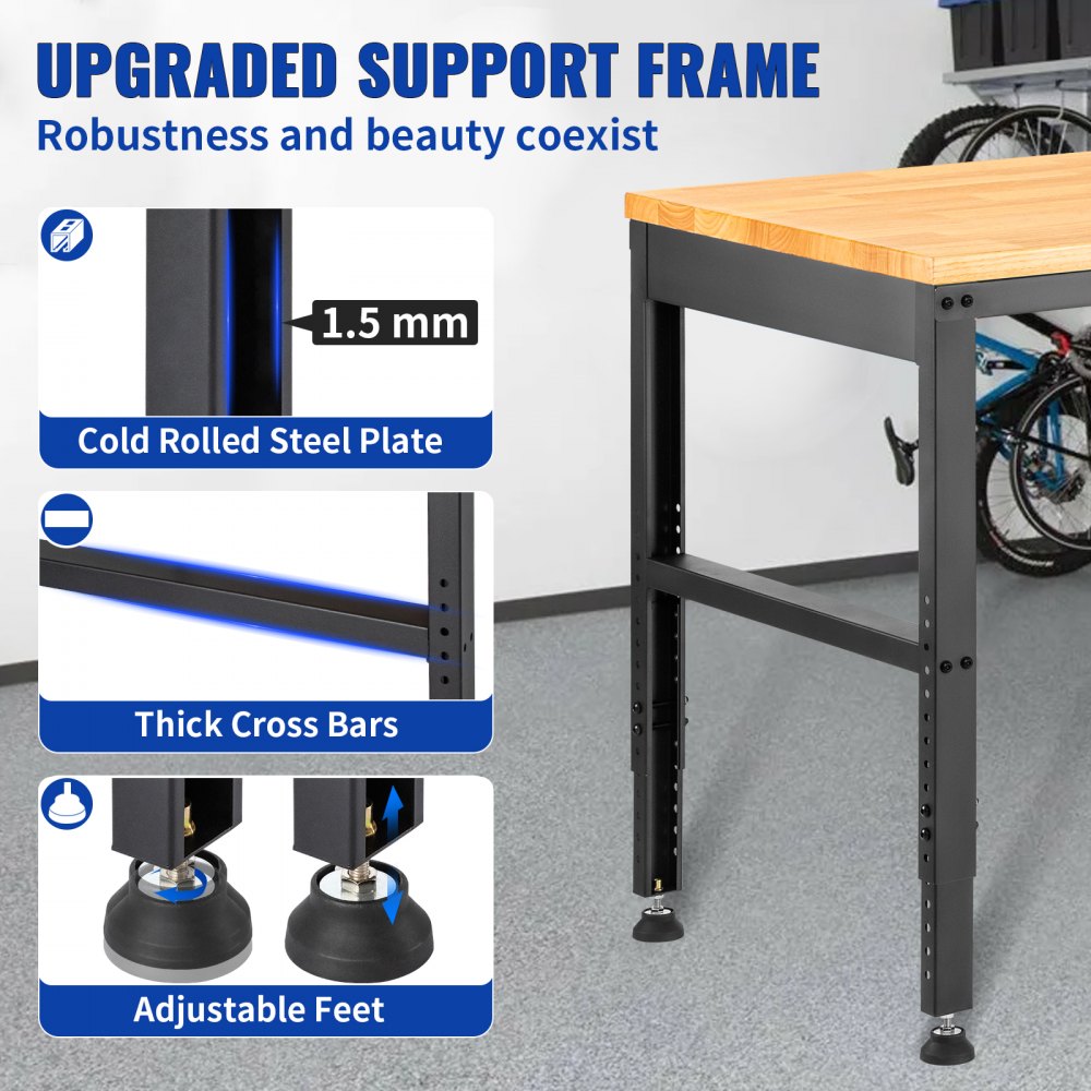 VEVOR Banco de Trabajo 1220x508 mm Mesa de Taller Altura Ajustable 719-968 mm Carga de 900kg con Toma de Corriente Mesa de Madera Marco de Metal Almohadillas para los Pies para Oficina, Garaje