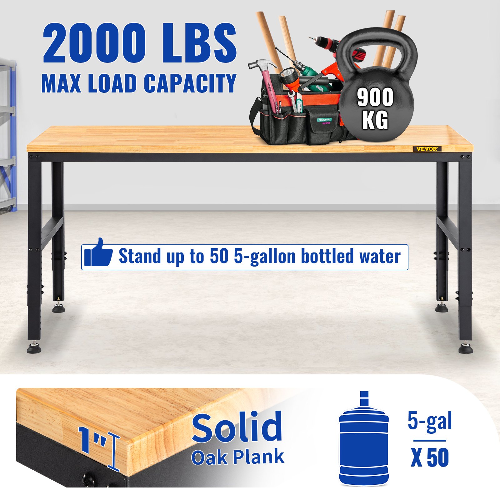 VEVOR Banco de Trabajo 1220x508 mm Mesa de Taller Altura Ajustable 719-968 mm Carga de 900kg con Toma de Corriente Mesa de Madera Marco de Metal Almohadillas para los Pies para Oficina, Garaje