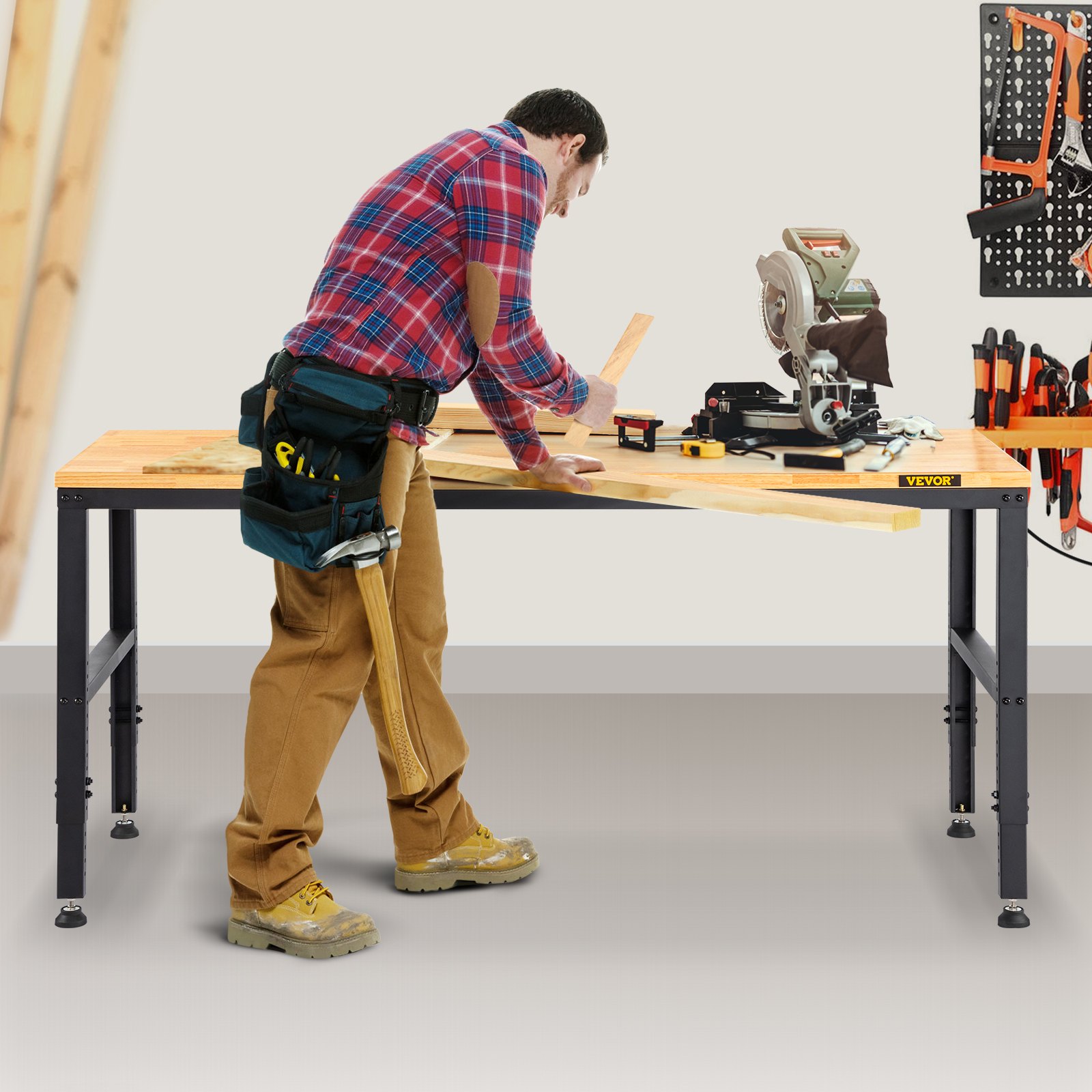 VEVOR Banco de Trabajo 1220x508 mm Mesa de Taller Altura Ajustable 719-968 mm Carga de 900kg con Toma de Corriente Mesa de Madera Marco de Metal Almohadillas para los Pies para Oficina, Garaje