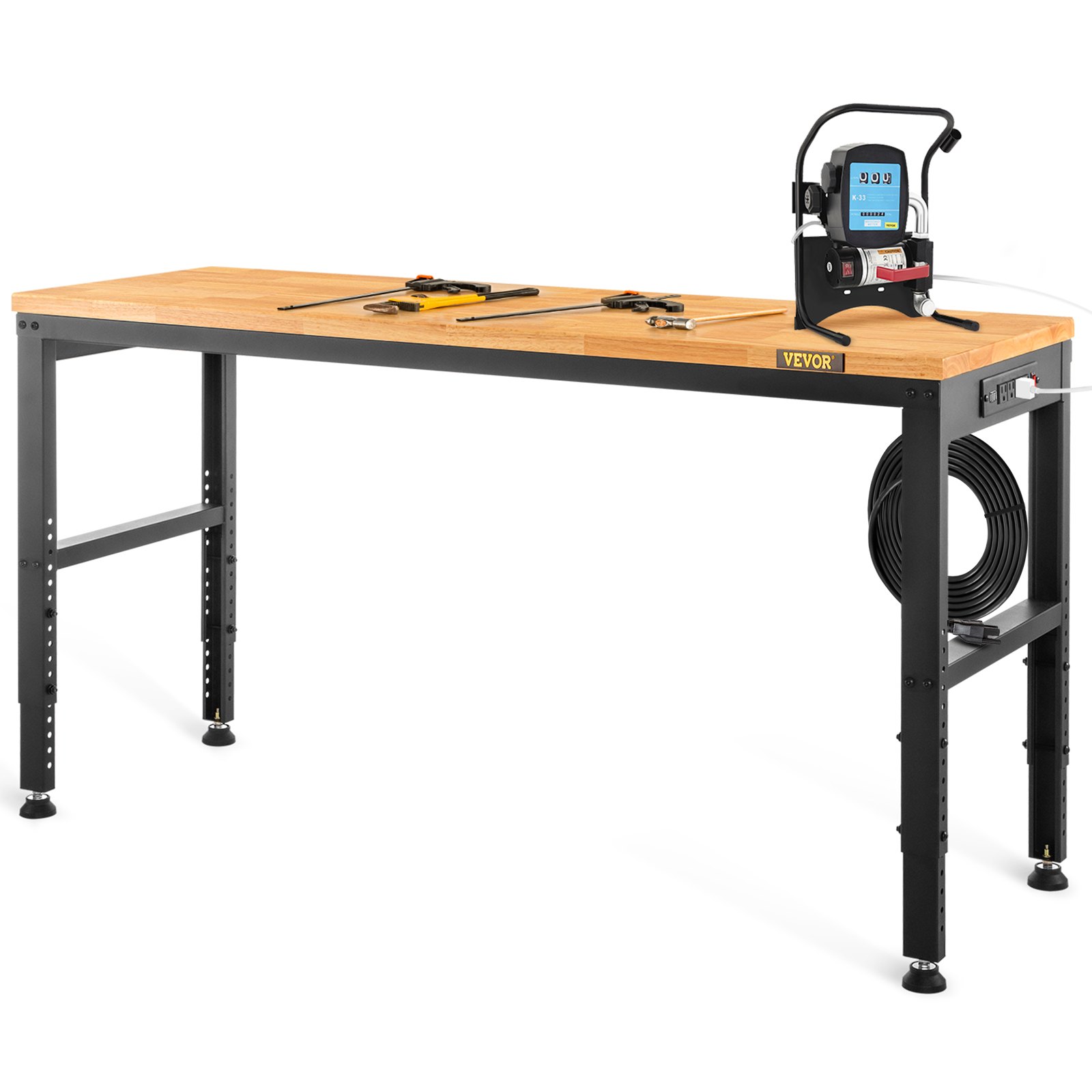 VEVOR Banco de Trabajo 1220x508 mm Mesa de Taller Altura Ajustable 719-968 mm Carga de 900kg con Toma de Corriente Mesa de Madera Marco de Metal Almohadillas para los Pies para Oficina, Garaje