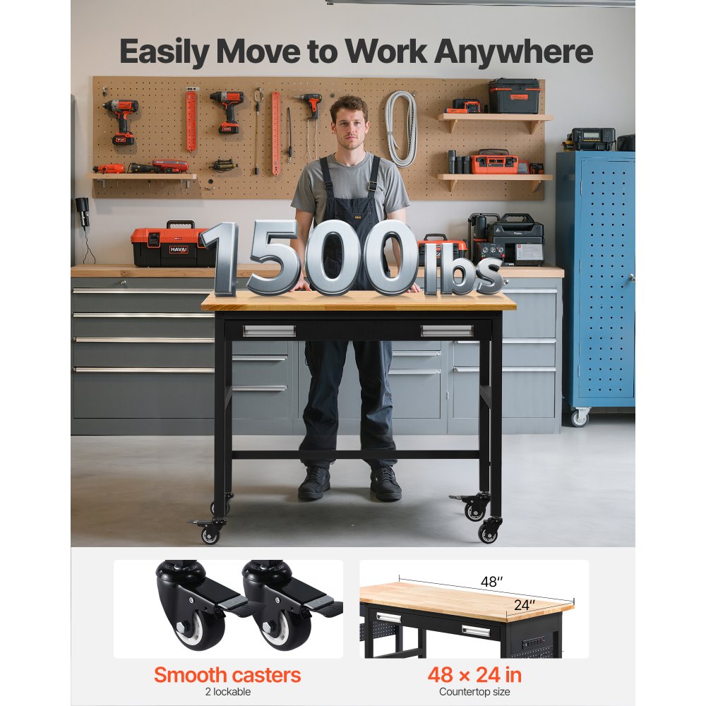 Banco de trabajo VEVOR de 48", capacidad de carga de 1500 lb, banco de trabajo con cajón deslizante y ruedas, banco de trabajo rodante con ruedas, mesa de trabajo resistente con cubierta de madera de roble para garaje, taller, oficina y hogar