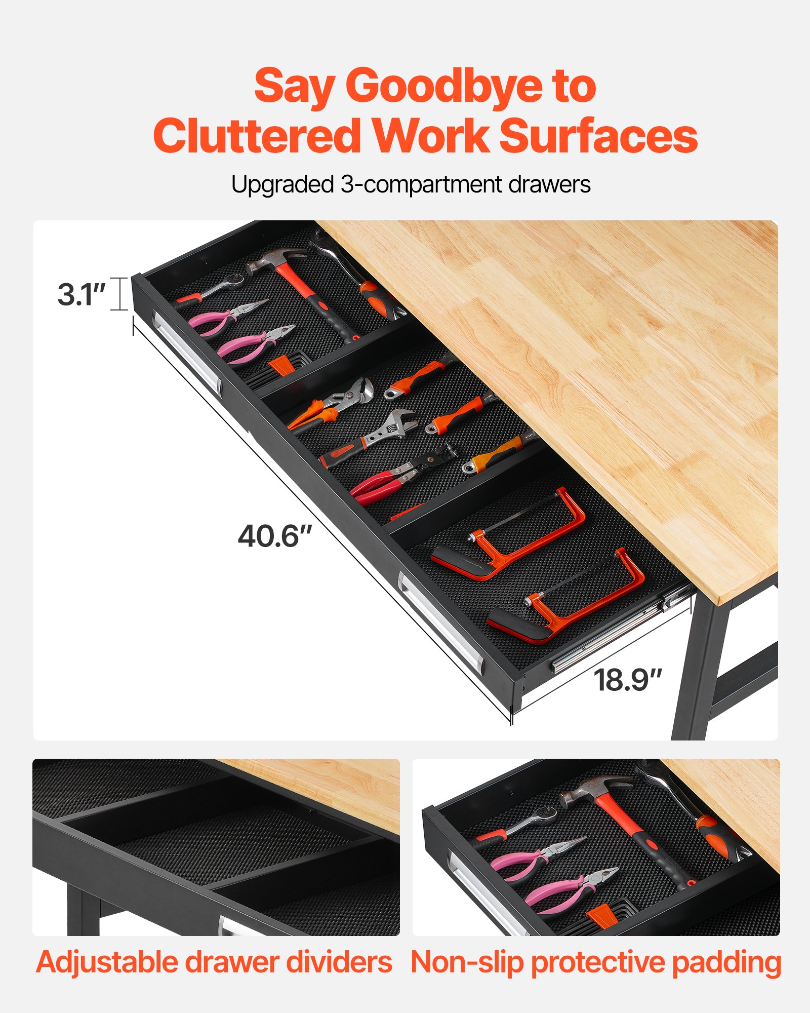 Banco de trabajo VEVOR de 48", capacidad de carga de 1500 lb, banco de trabajo con cajón deslizante y ruedas, banco de trabajo rodante con ruedas, mesa de trabajo resistente con cubierta de madera de roble para garaje, taller, oficina y hogar