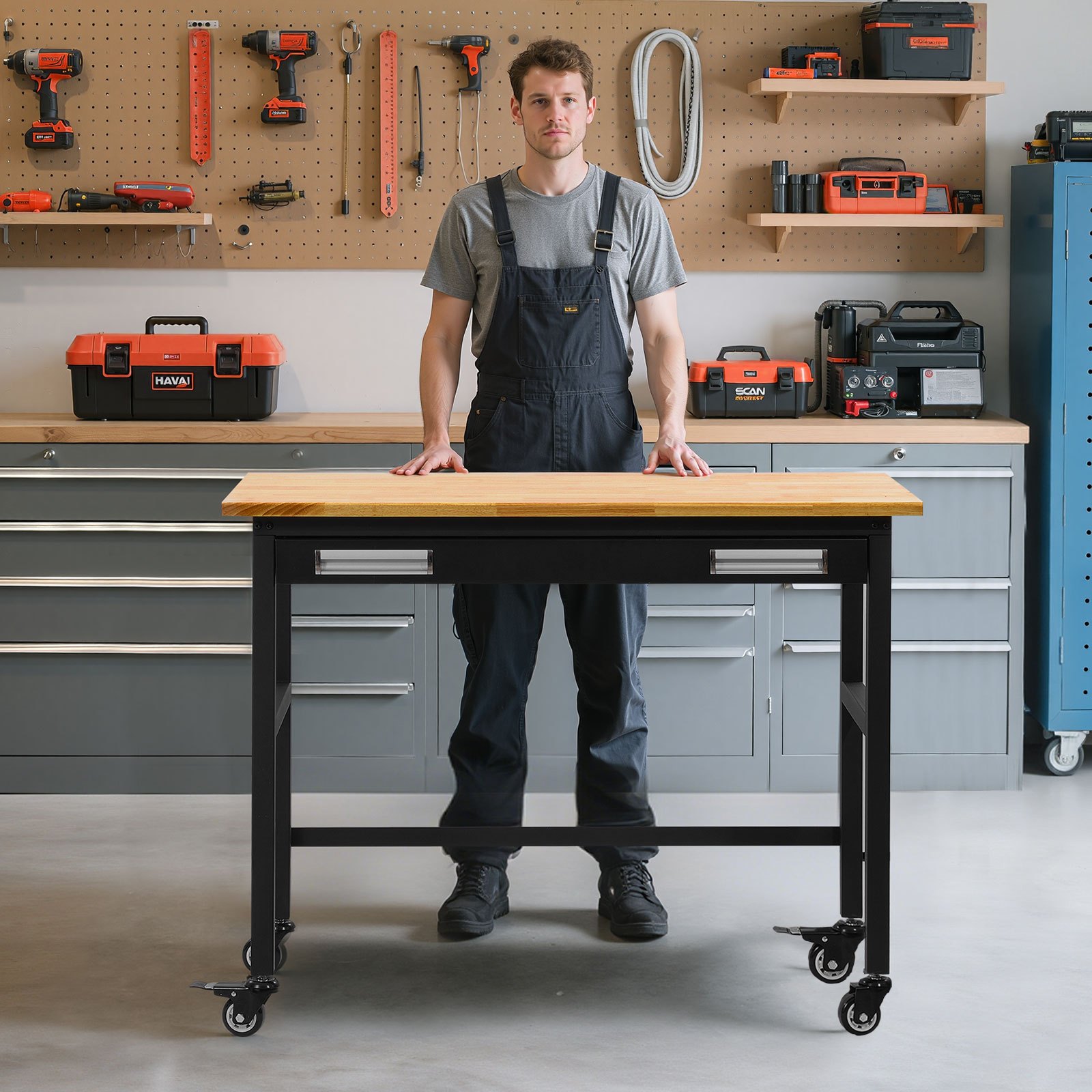 Banco de trabajo VEVOR de 48", capacidad de carga de 1500 lb, banco de trabajo con cajón deslizante y ruedas, banco de trabajo rodante con ruedas, mesa de trabajo resistente con cubierta de madera de roble para garaje, taller, oficina y hogar