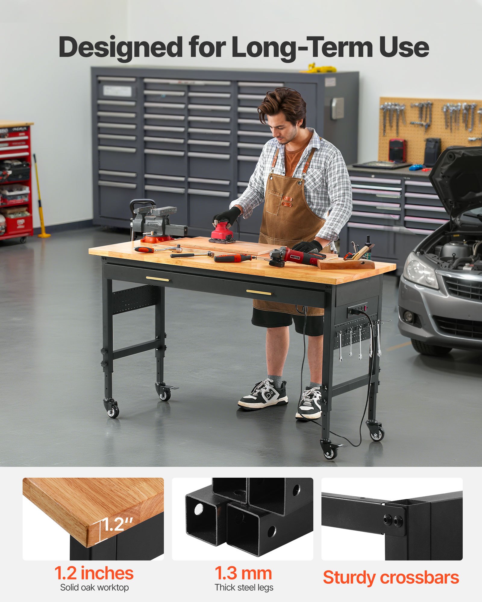 Banco de trabajo ajustable VEVOR de 60", capacidad de carga de 1500 lb, banco de trabajo con cajón de almacenamiento, toma de corriente, ruedas y tablero perforado, mesa de trabajo resistente con cubierta de madera de roble para garaje, taller, oficina y hogar