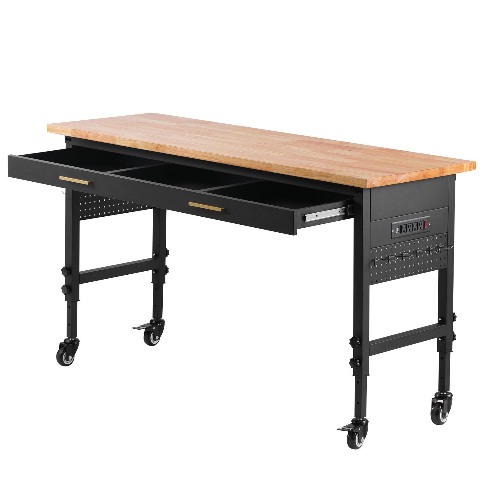Banco de trabajo ajustable VEVOR de 60", capacidad de carga de 1500 lb, banco de trabajo con cajón de almacenamiento, toma de corriente, ruedas y tablero perforado, mesa de trabajo resistente con cubierta de madera de roble para garaje, taller, oficina y hogar