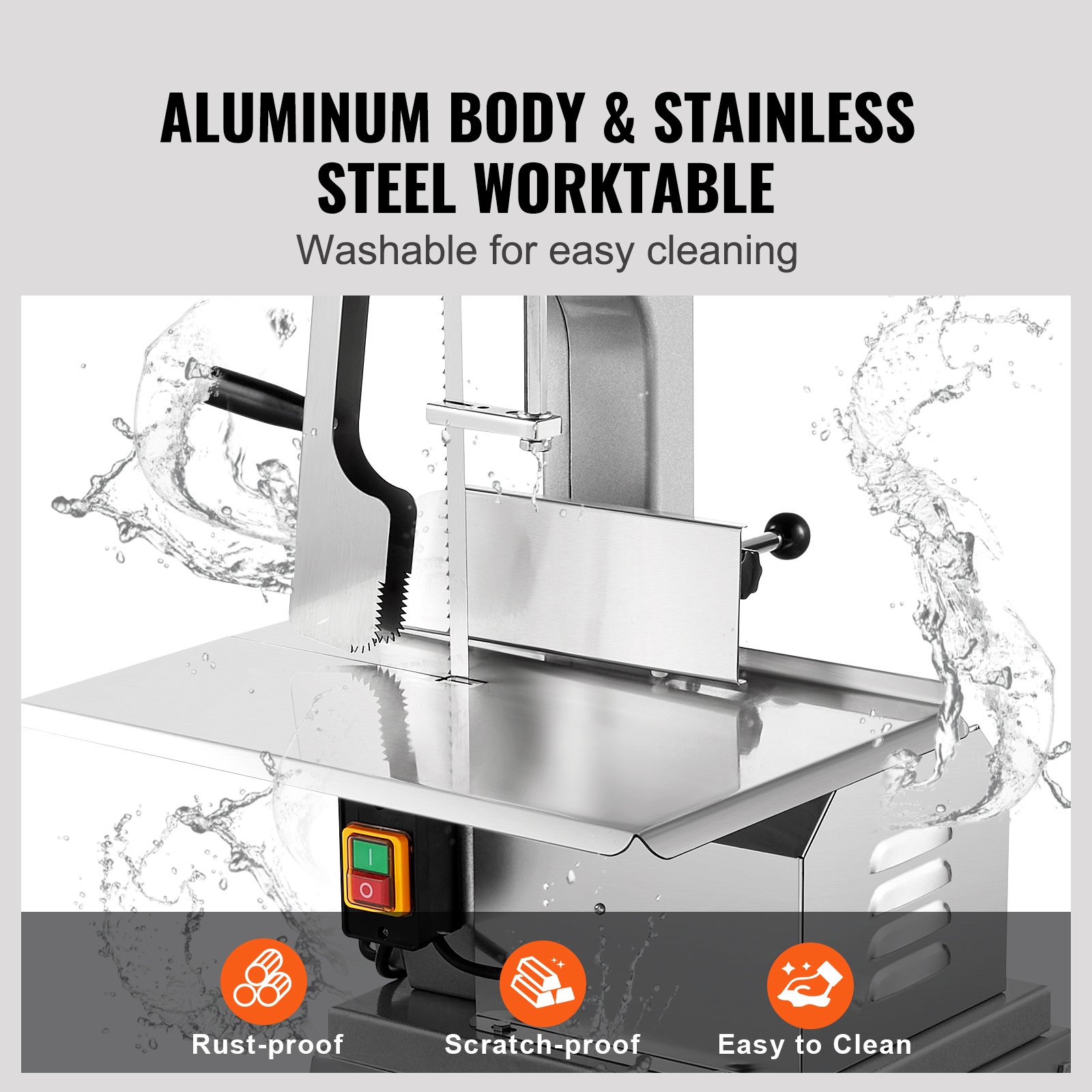 Sierra eléctrica para carne VEVOR, cortadora vertical de acero inoxidable de 1800 W, banco de trabajo de 19,1" x 15", grosor de corte de 7,09", incluye 5 cuchillas para cortar carne congelada, cerdo, ternera y costillas