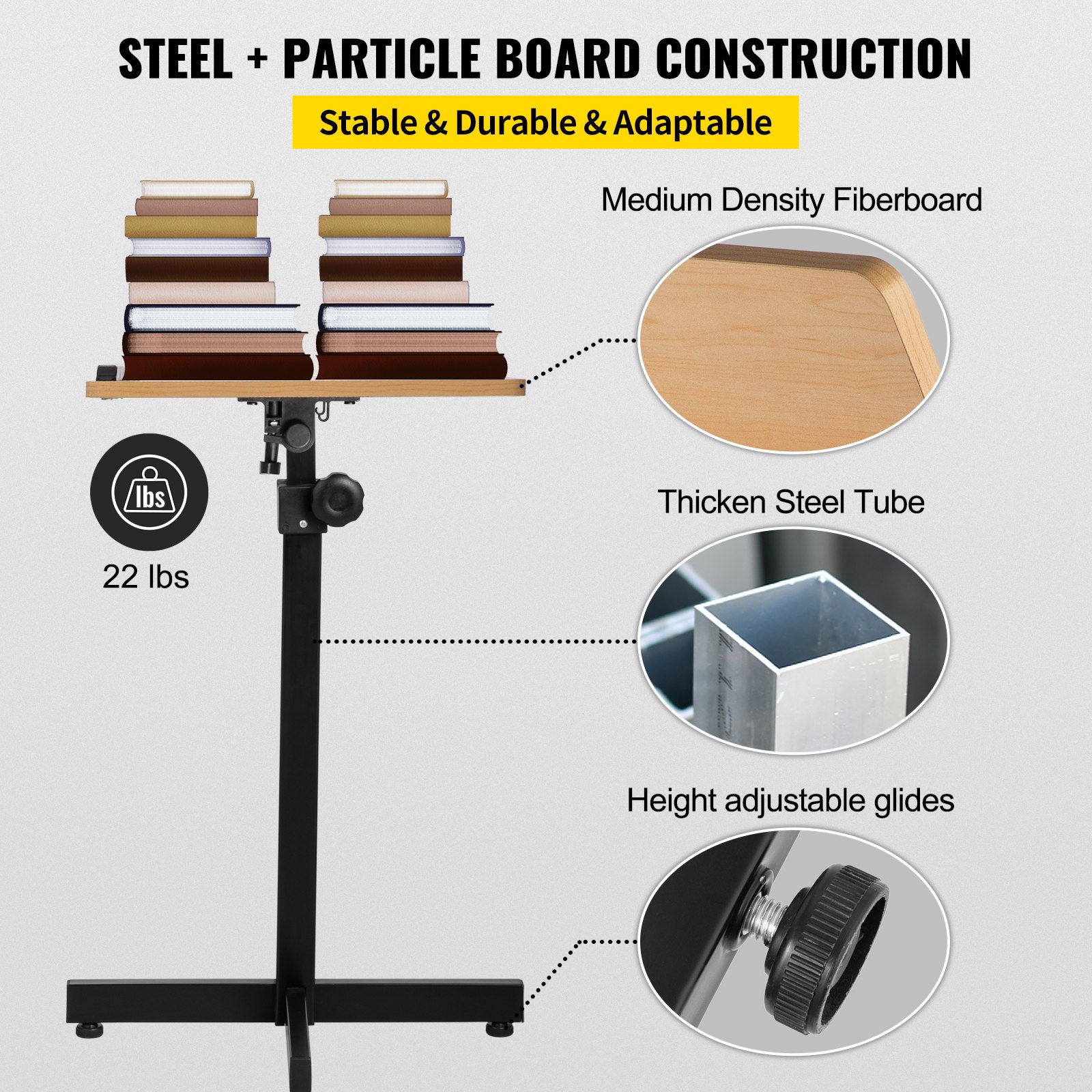 VEVOR Podio de Madera de Pie 50x40 cm Podio Portátil de Madera Capacidad de 10 kg, Acero y Madera de Partículas, Podio de Madera Ajustable con Altura 76,5-109 cm para Escuelas, Color de Roble Antiguo