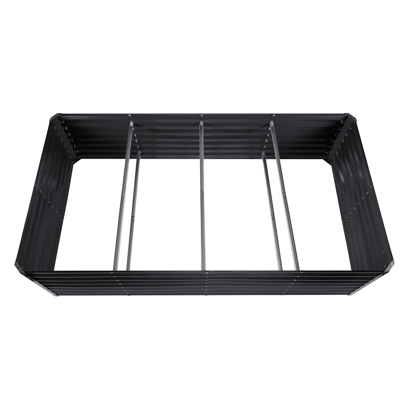 Cama de jardín VEVOR, estructura de metal negro con soportes verticales sobre fondo blanco.