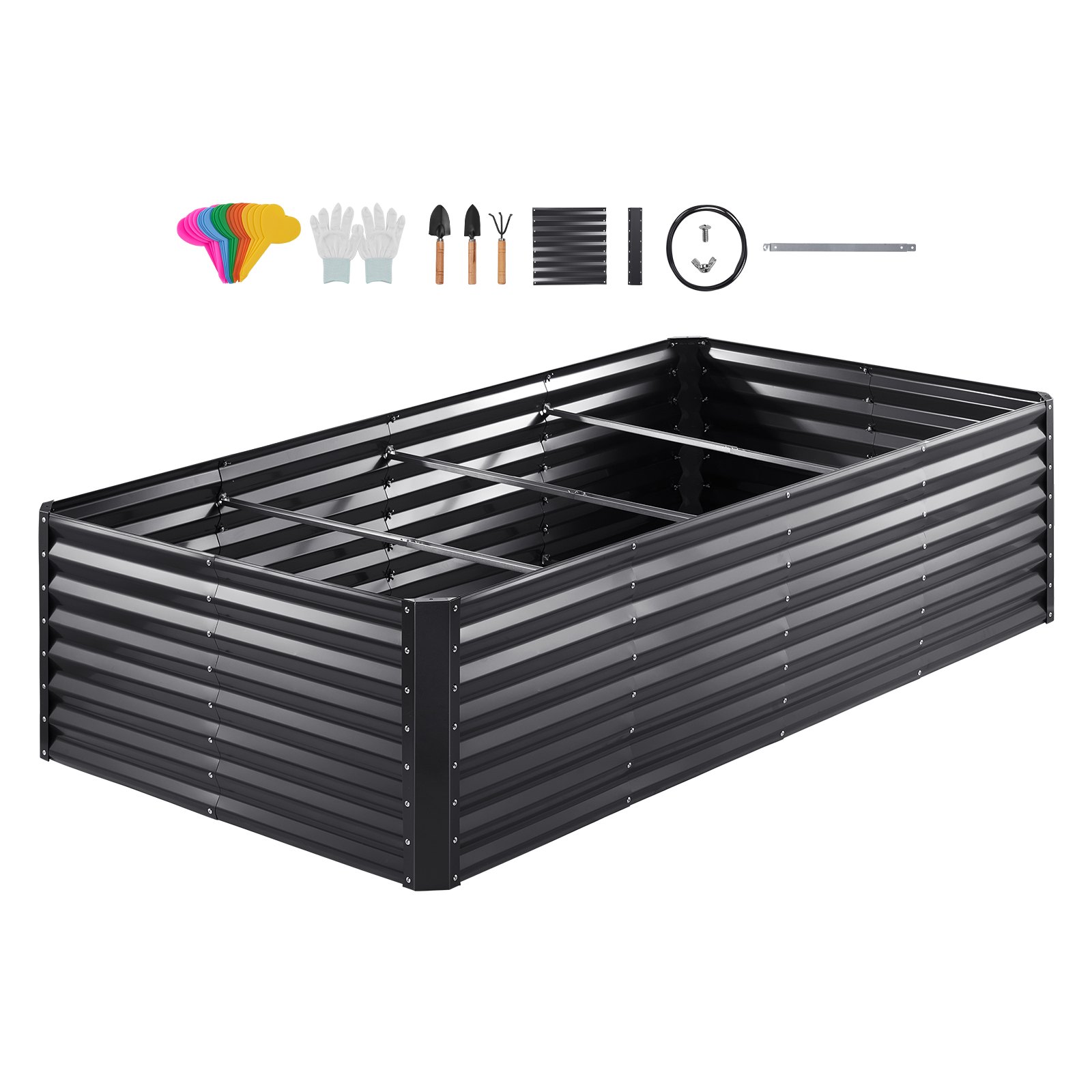 Cama de jardín VEVOR negra con piezas de montaje, guantes, etiquetas de colores y herramientas de jardinería.